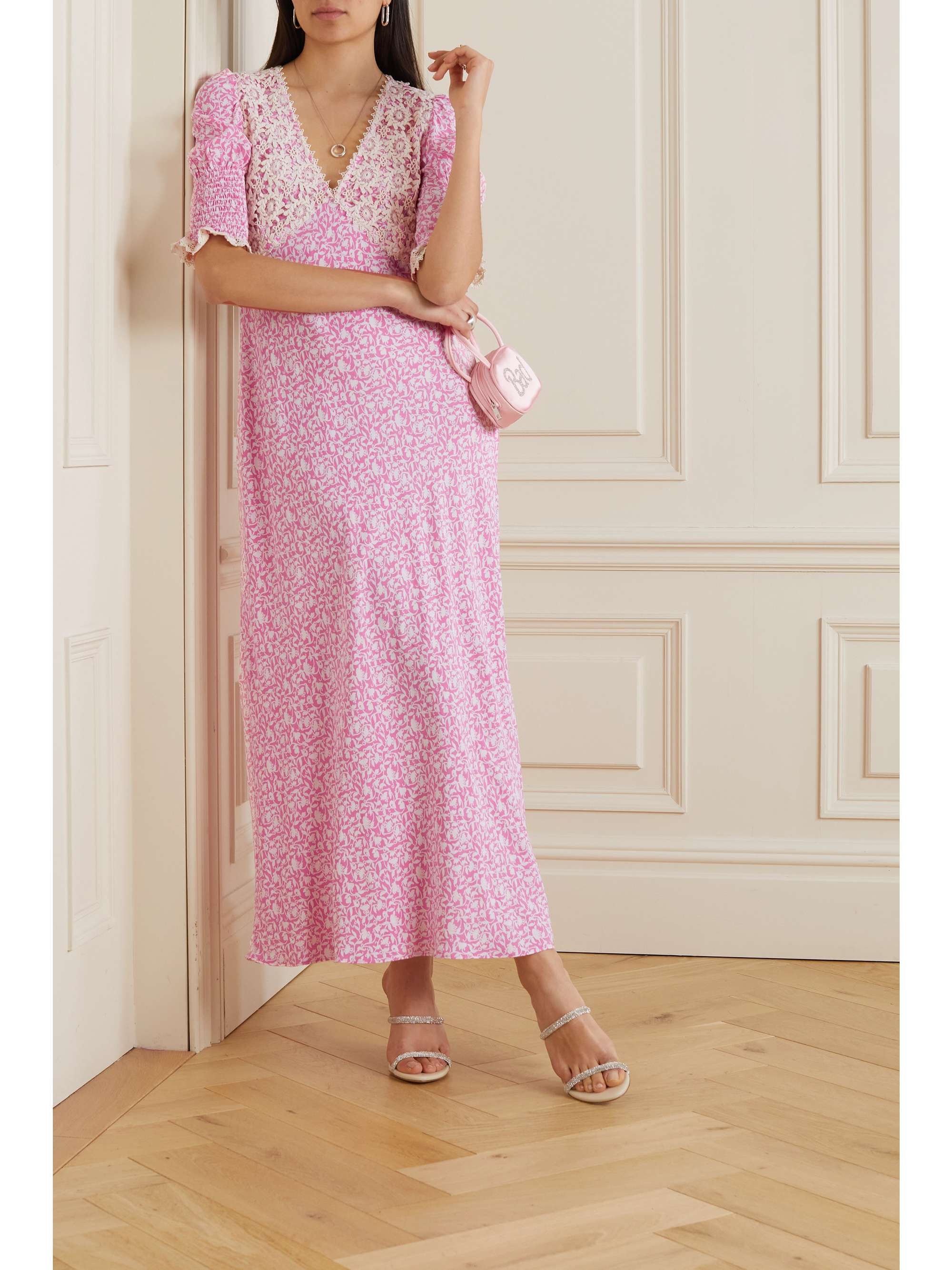 RIXO Olga crocheted lace-paneled printed crepe de chine midi dress