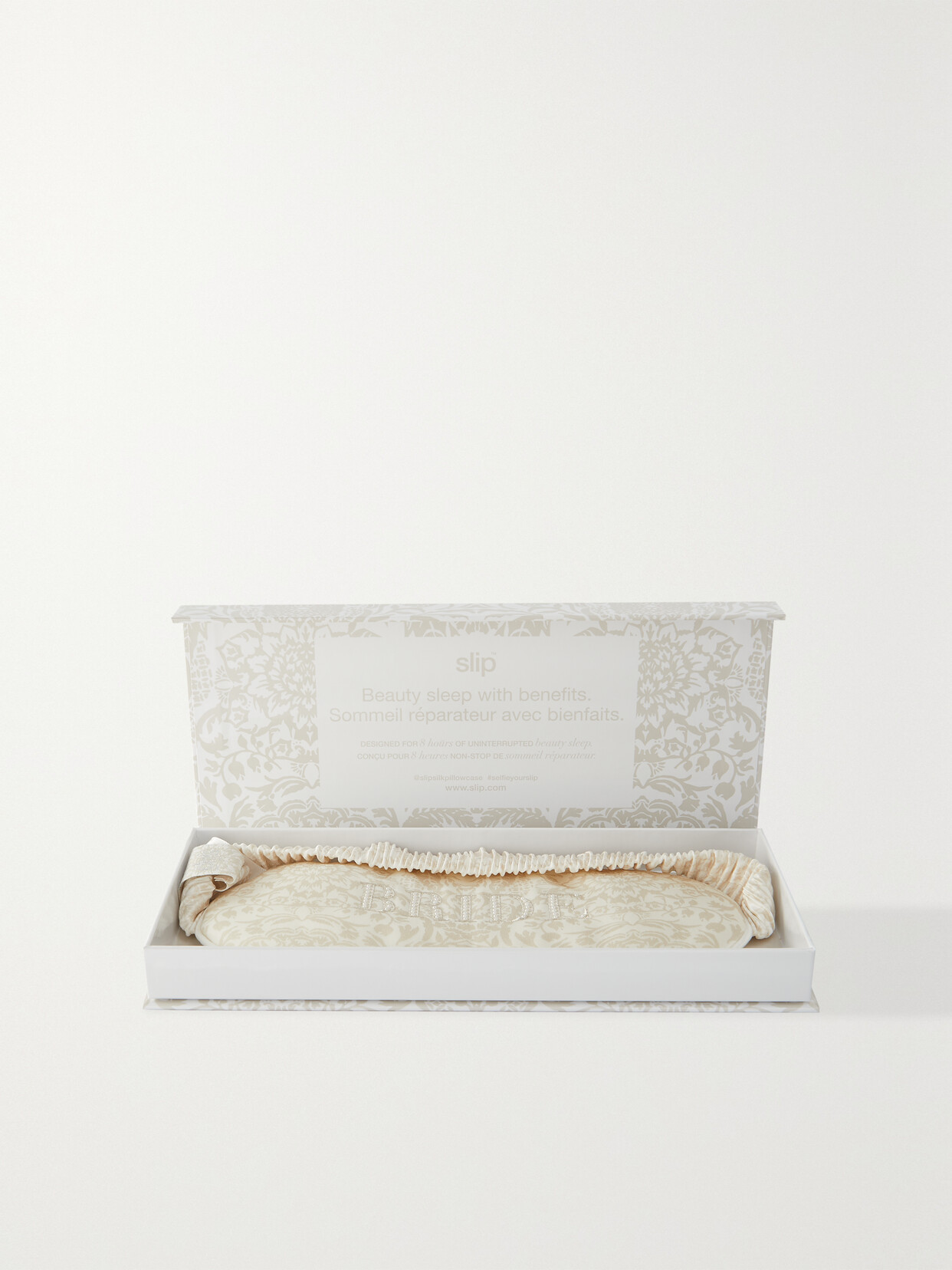 Slip Bride Embroidered Faux Pearl-embellished Printed Silk Eye Mask In White
