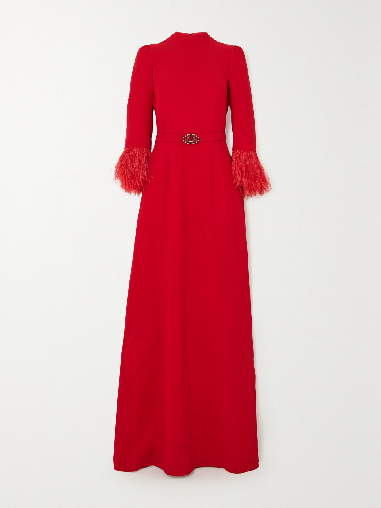 Andrew Gn - Belted Embellished Feather-trimmed Crepe Gown - Red