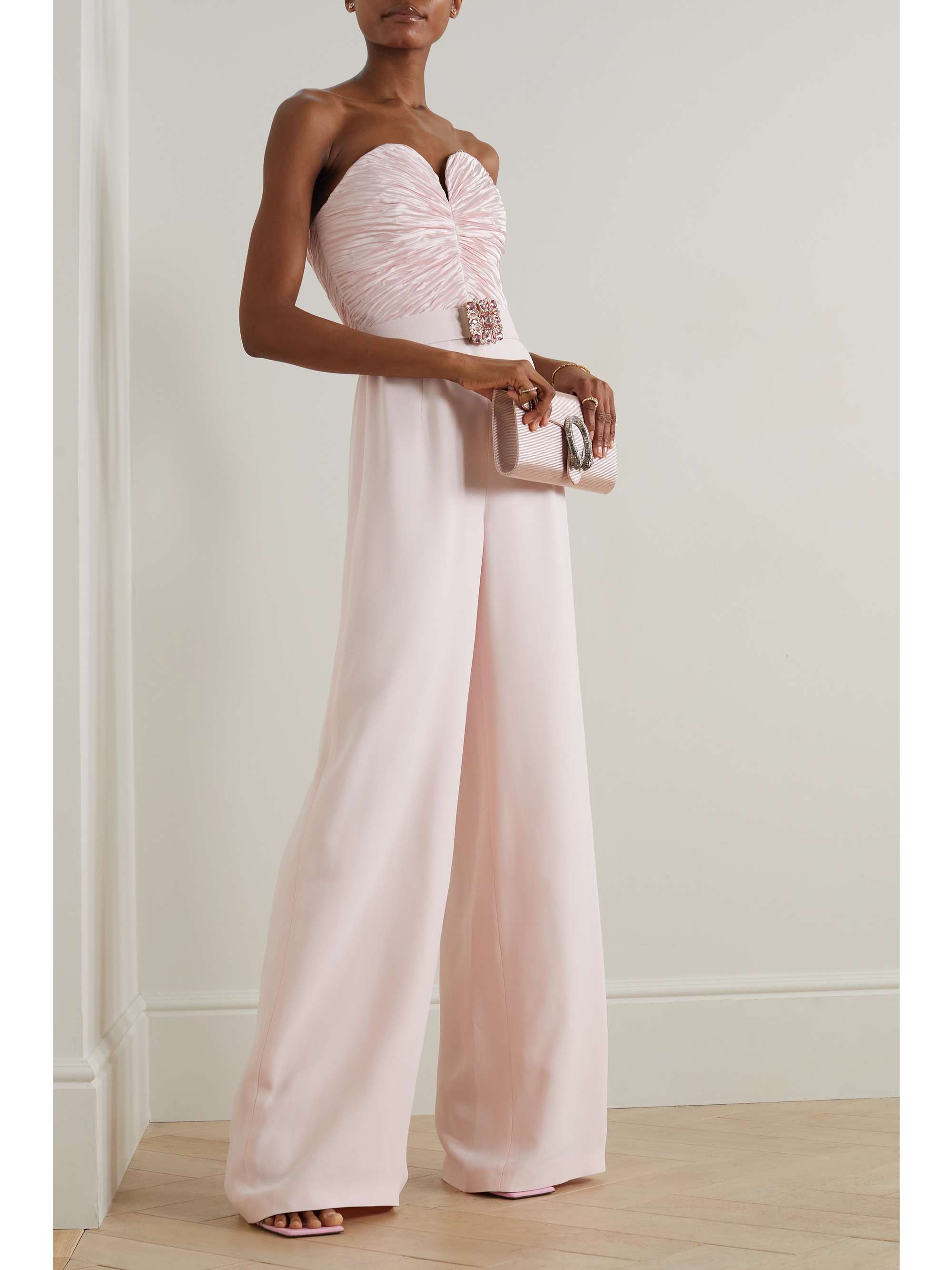 ANDREW GN Strapless embellished ruched plissé silk-satin and crepe jumpsuit