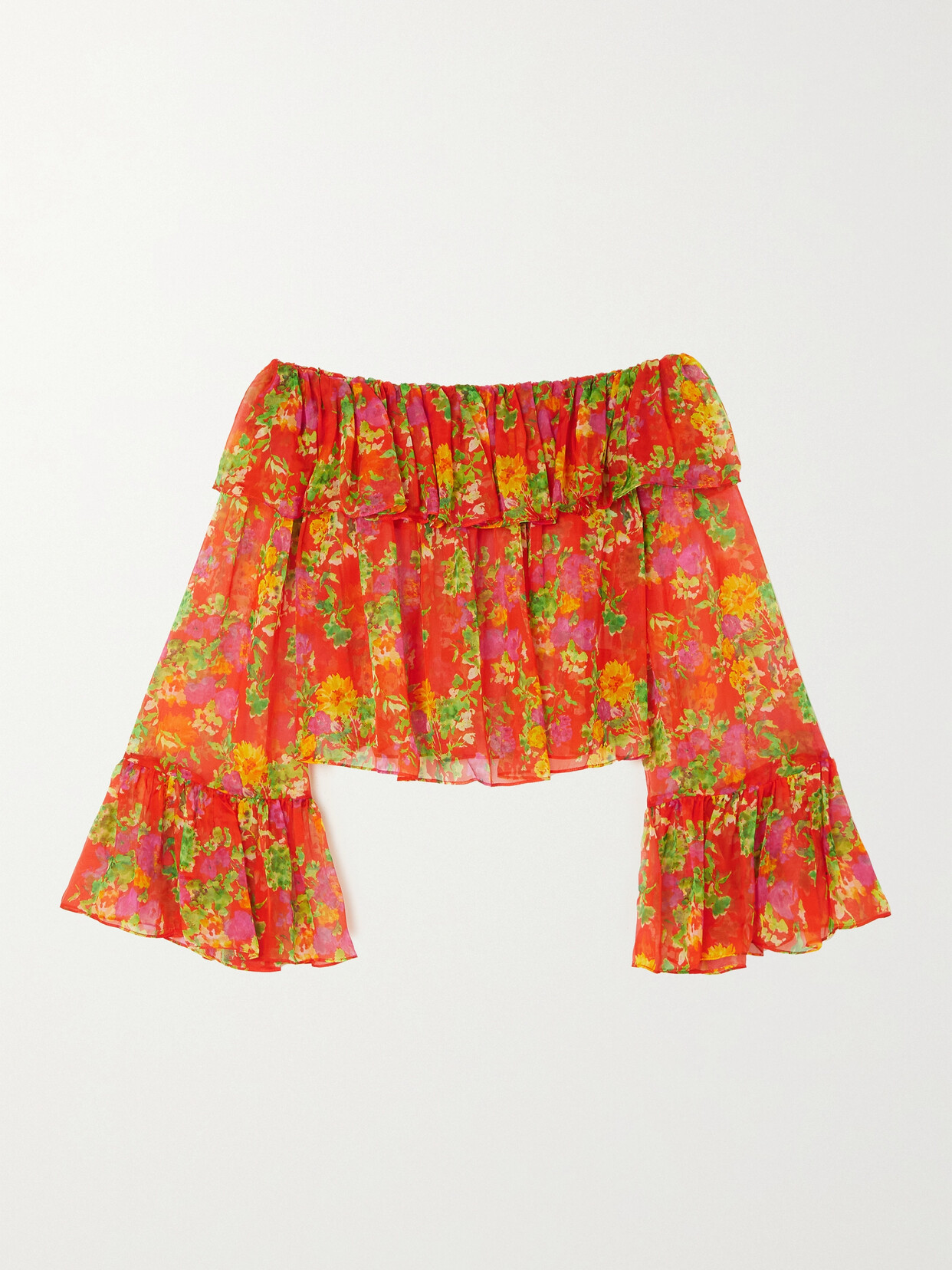 CAROLINE CONSTAS Thelma Off-the-shoulder Cropped Ruffled Floral-print Silk-chiffon Top - Red