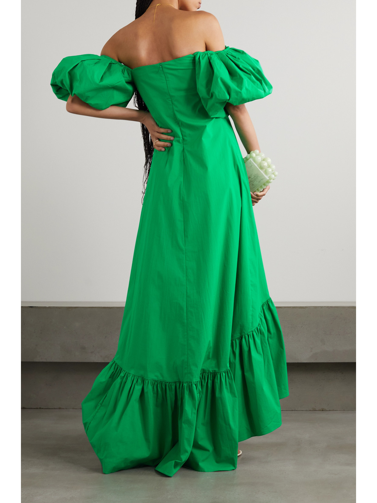 Shop Caroline Constas Gabrielle Off-the-shoulder Tie-detailed Cotton-blend Poplin Midi Dress In Green