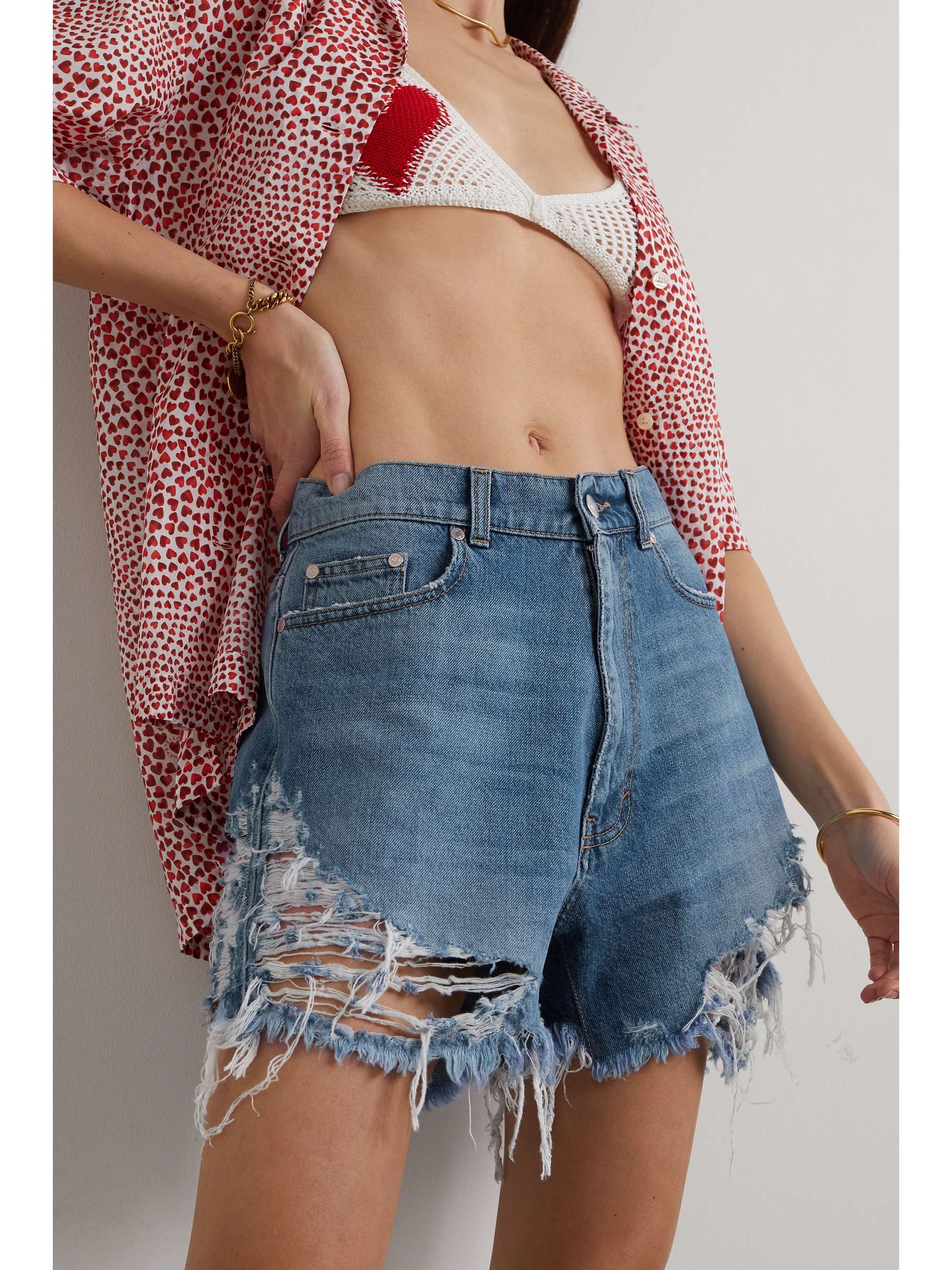 STELLA MCCARTNEY + NET SUSTAIN embroidered distressed organic denim shorts
