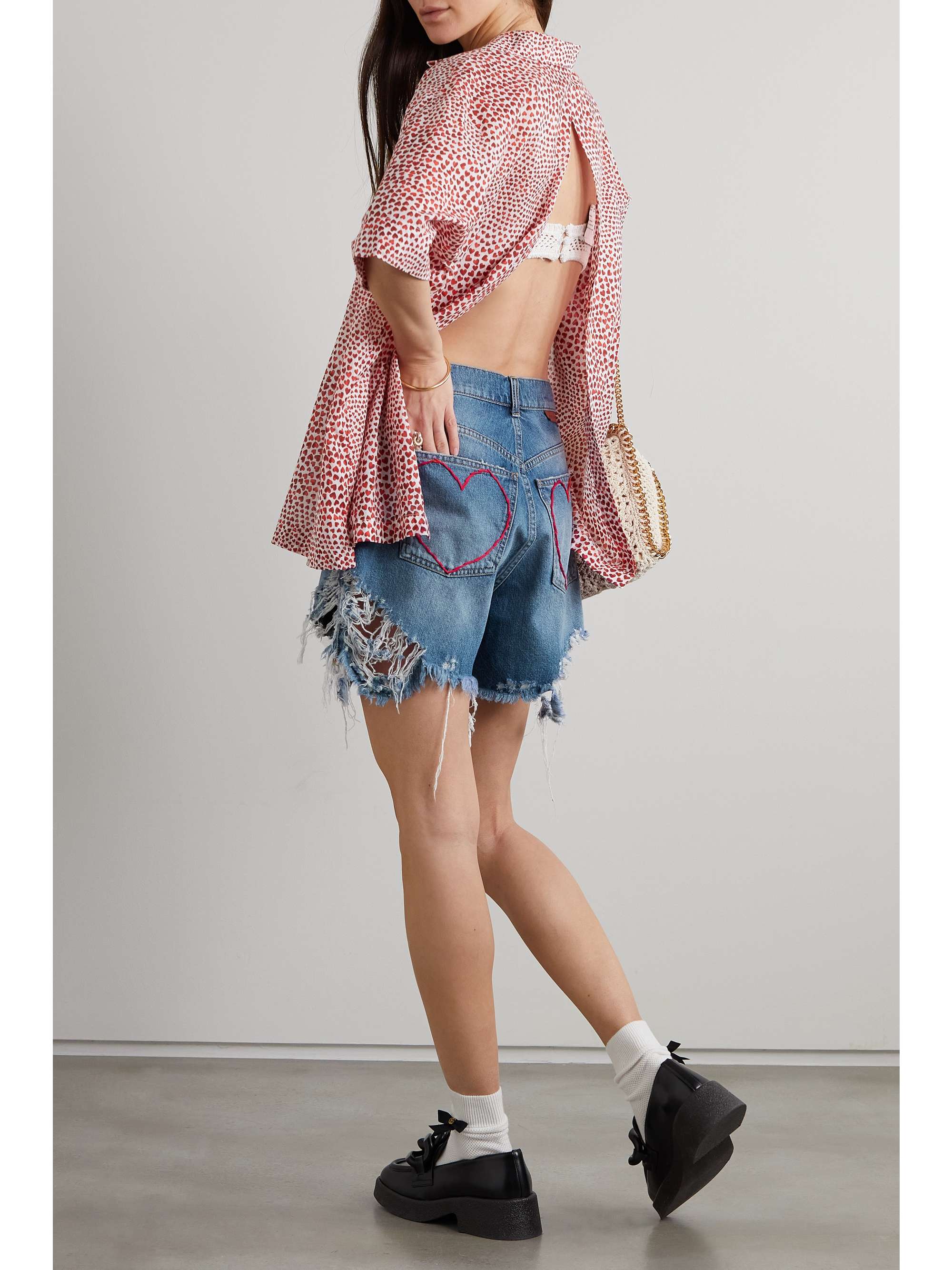 STELLA MCCARTNEY + NET SUSTAIN embroidered distressed organic denim shorts