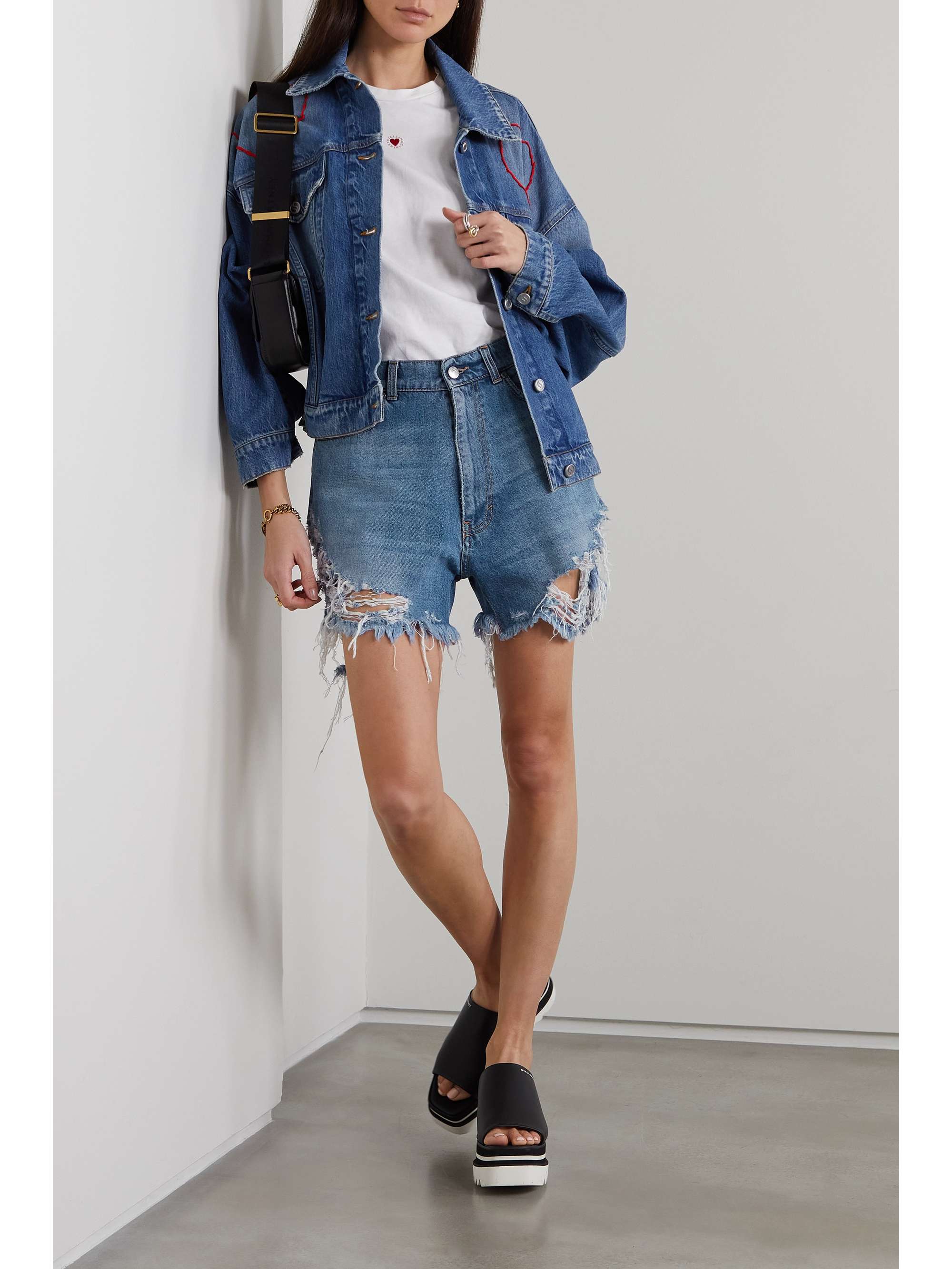 STELLA MCCARTNEY + NET SUSTAIN embroidered distressed organic denim shorts
