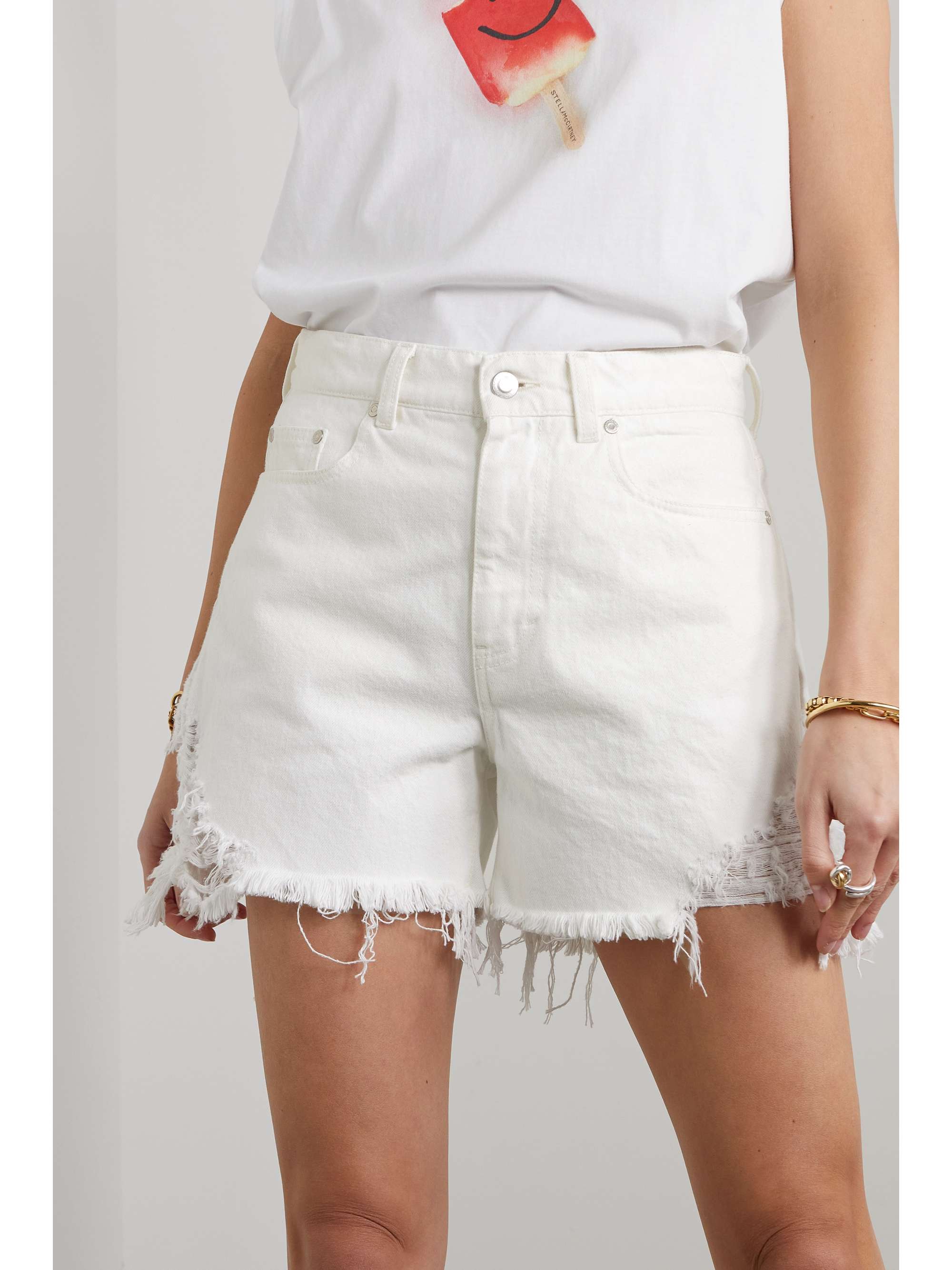 STELLA MCCARTNEY + NET SUSTAIN embroidered distressed organic denim shorts