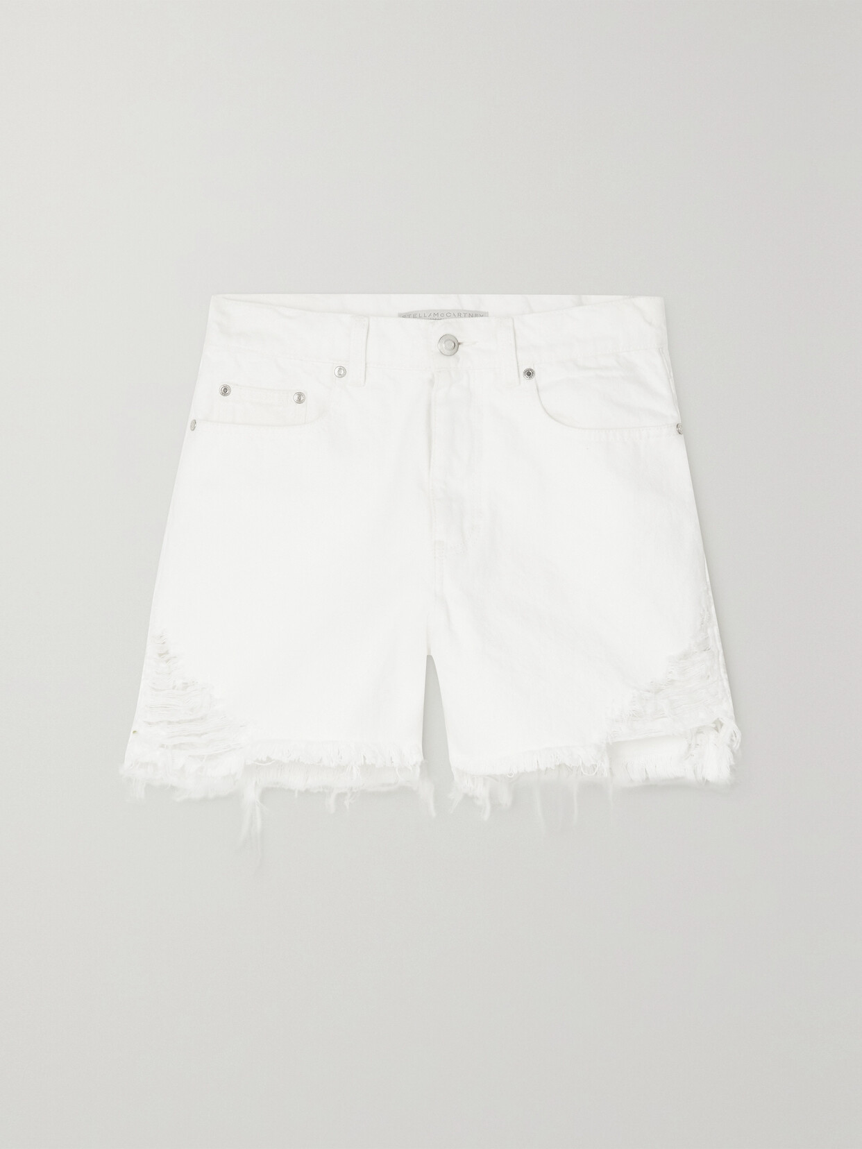 STELLA MCCARTNEY + NET SUSTAIN EMBROIDERED DISTRESSED ORGANIC DENIM SHORTS