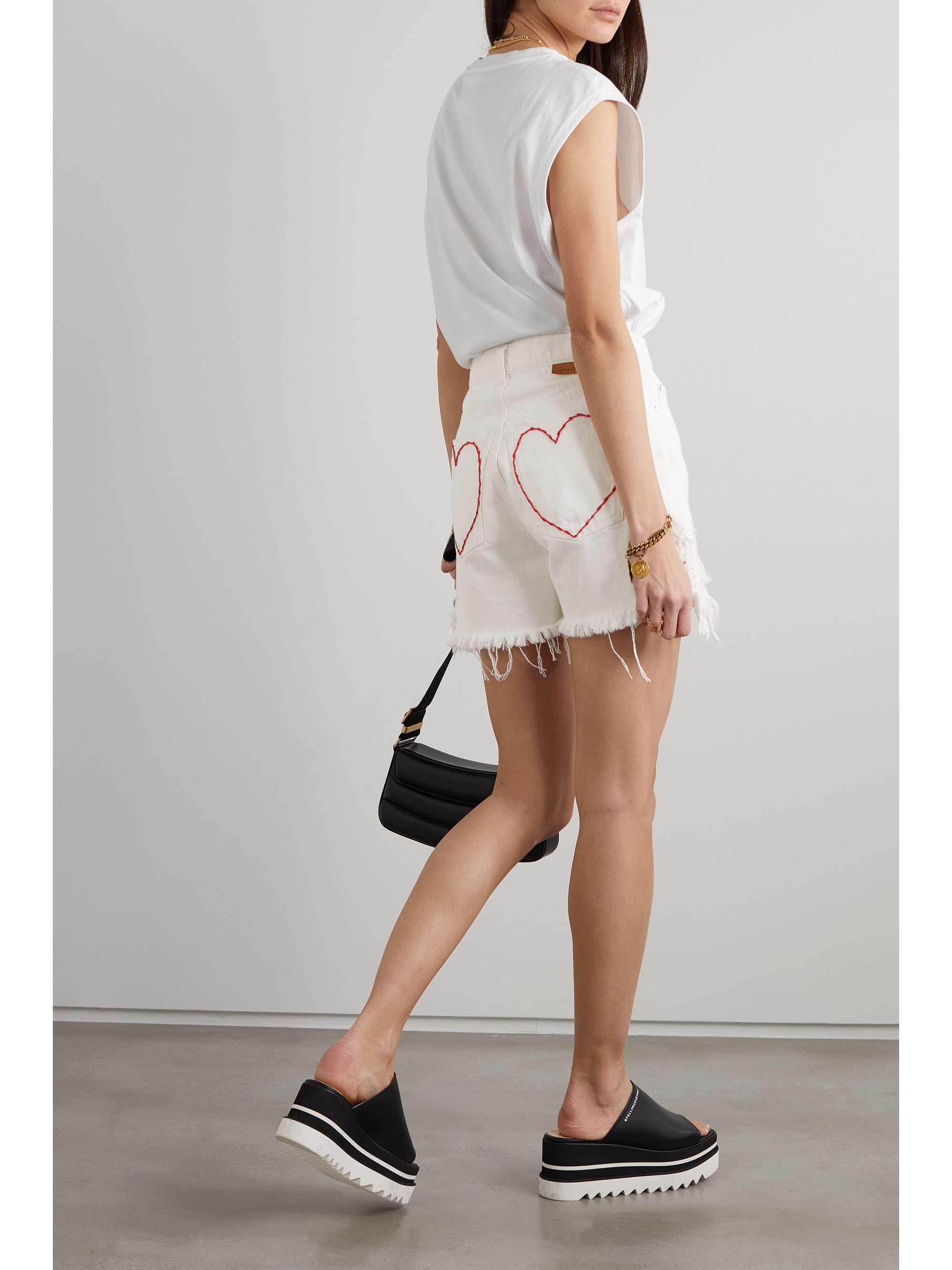 STELLA MCCARTNEY + NET SUSTAIN embroidered distressed organic denim shorts