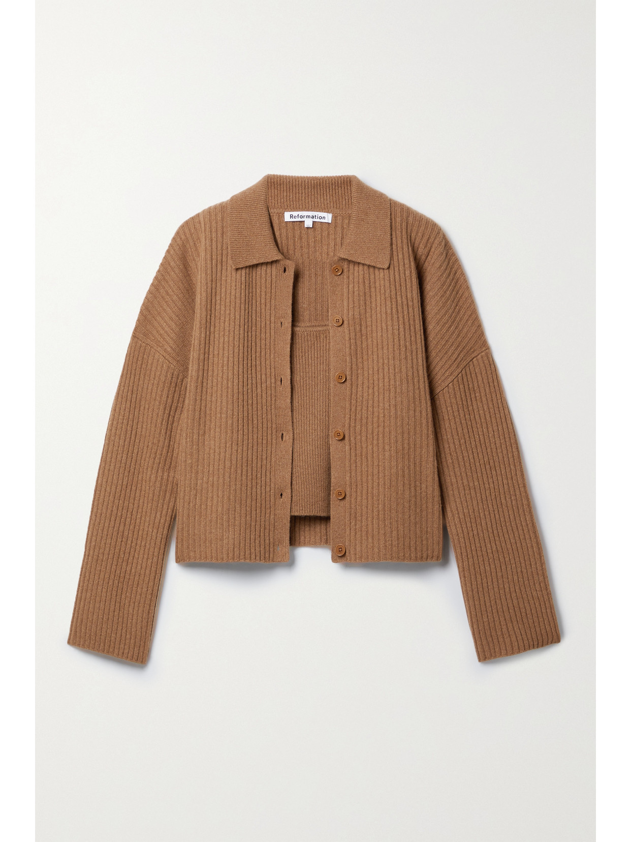 Reformation - Frida Ribbed Recycled Cashmere Tank And Cardigan Set - Brown