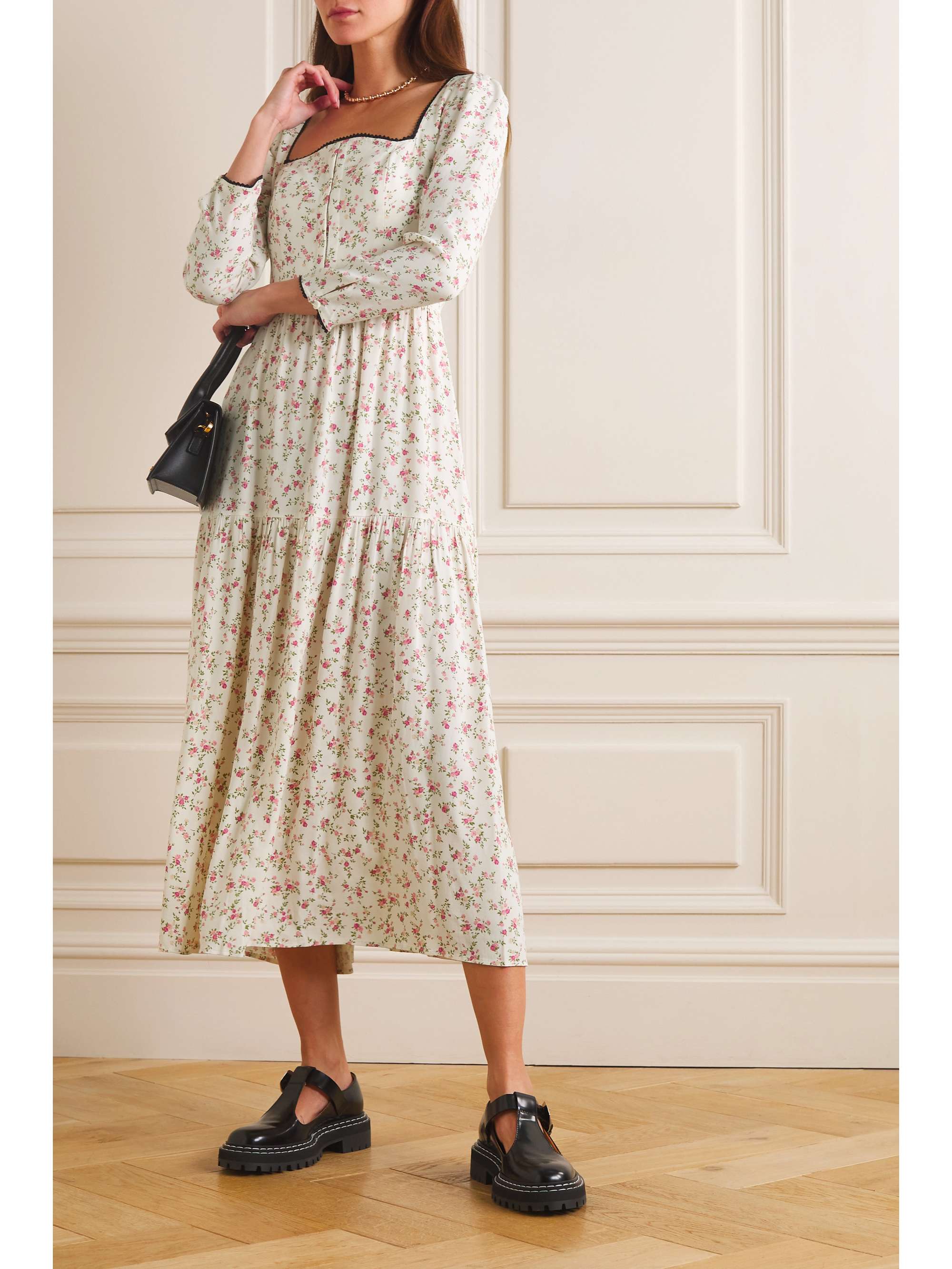 REFORMATION Chaylyn ric ractrimmed floralprint crepe midi dress NET