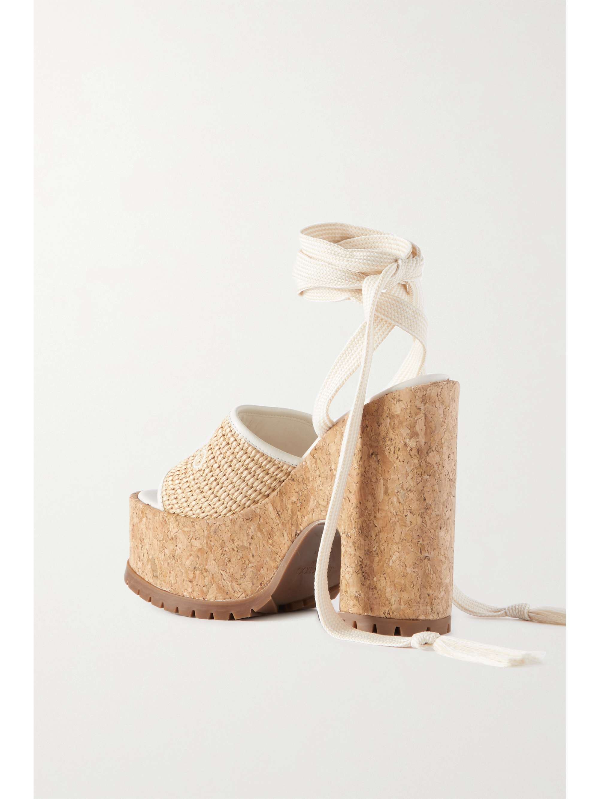 JIMMY CHOO Gal 130 canvas and leather-trimmed raffia wedge sandals