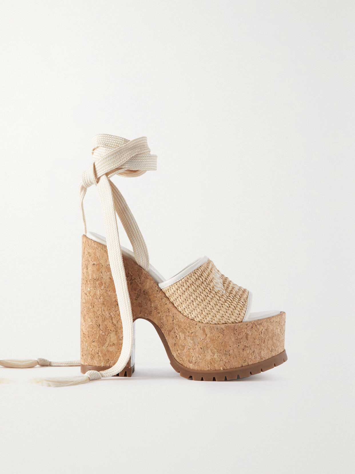 JIMMY CHOO GAL 130 CANVAS AND LEATHER-TRIMMED RAFFIA WEDGE SANDALS