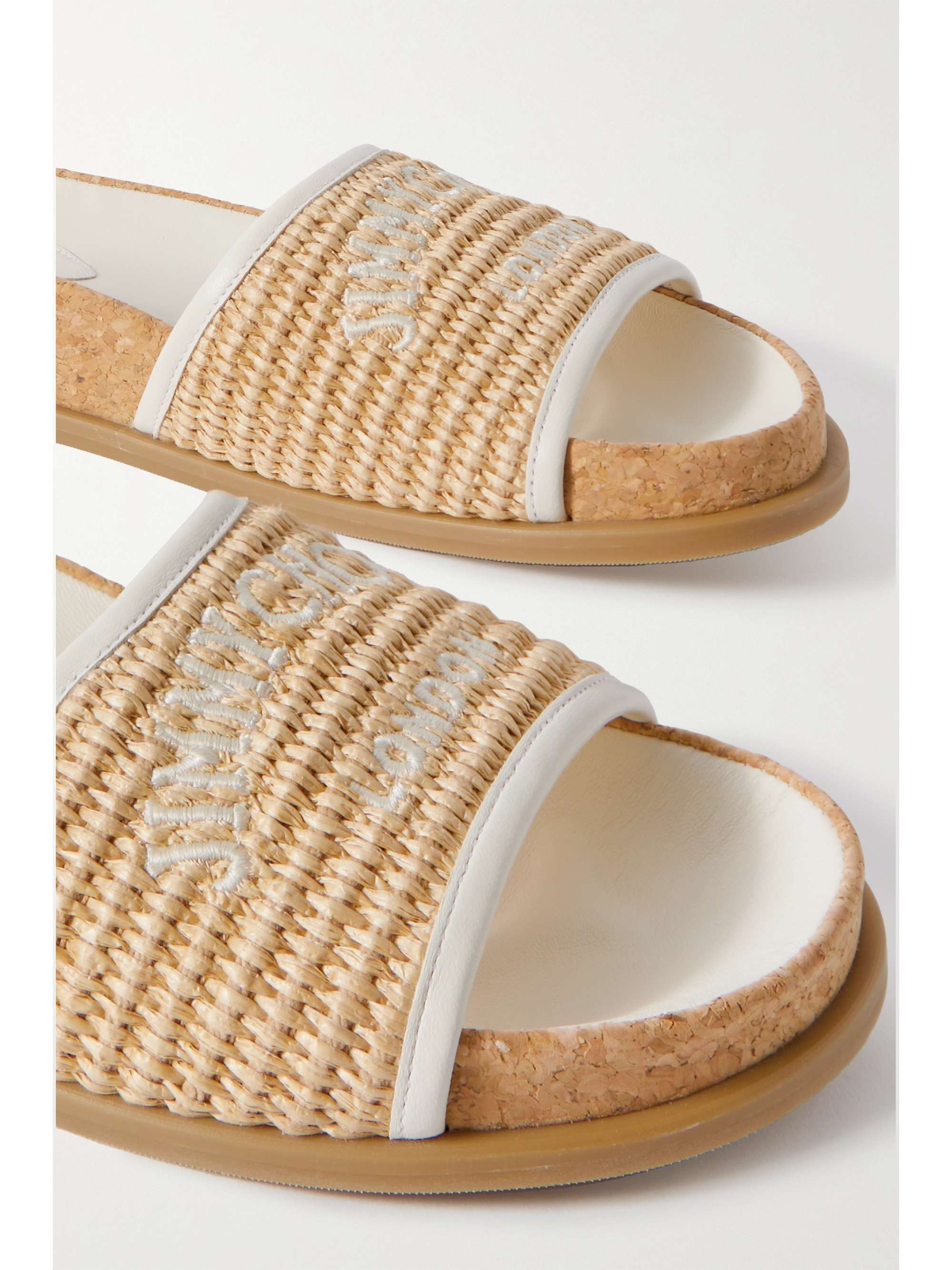 JIMMY CHOO Gal embroidered leather-trimmed raffia sandals