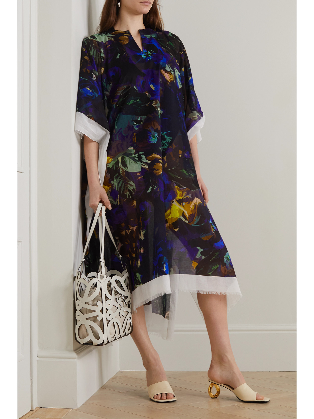 Shop Dries Van Noten Floral-print Cotton-voile Kaftan In Blue