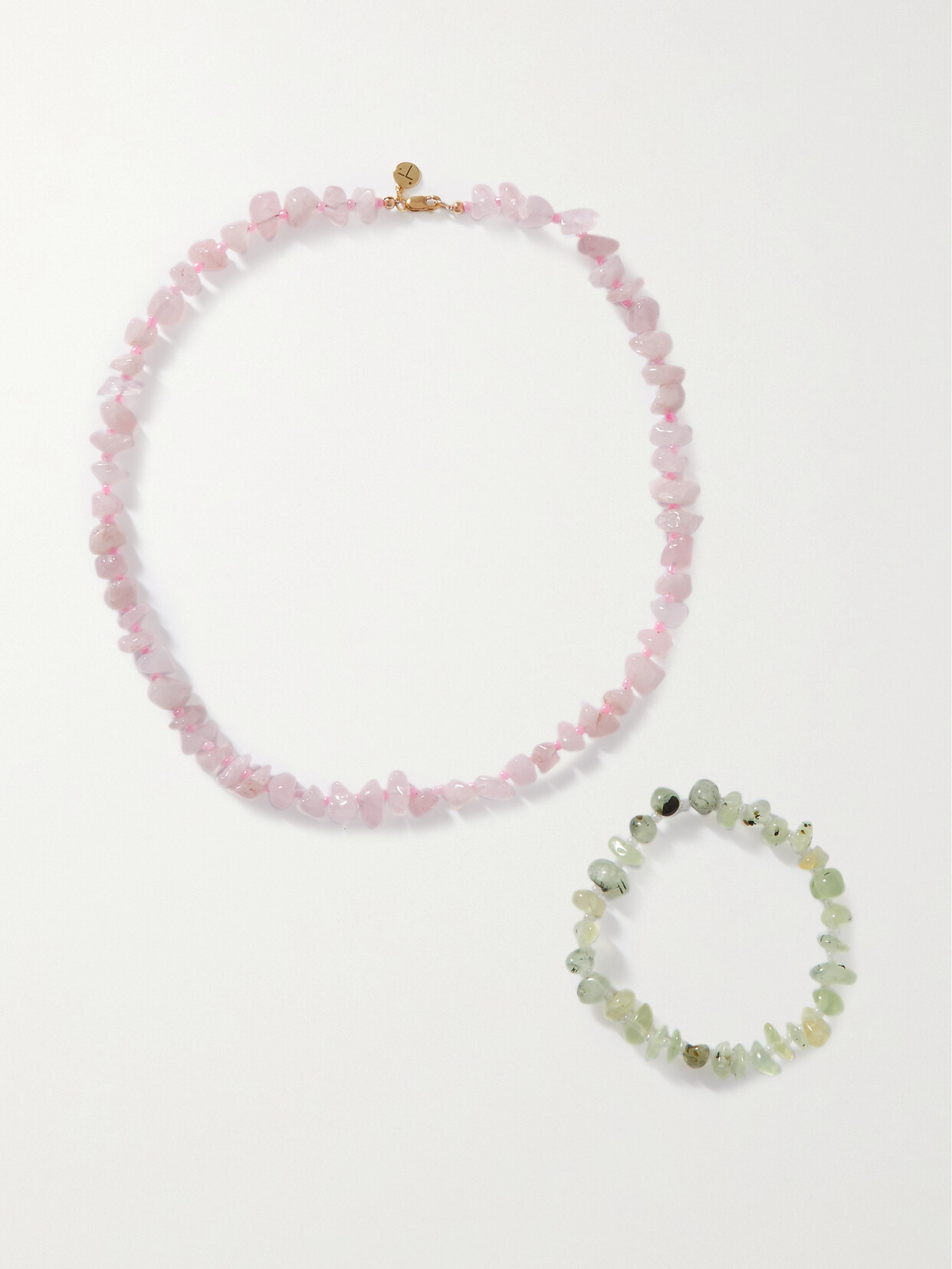 Tbalance Crystals Rose Quartz And Prehnite Necklace And Bracelet Set In Pink