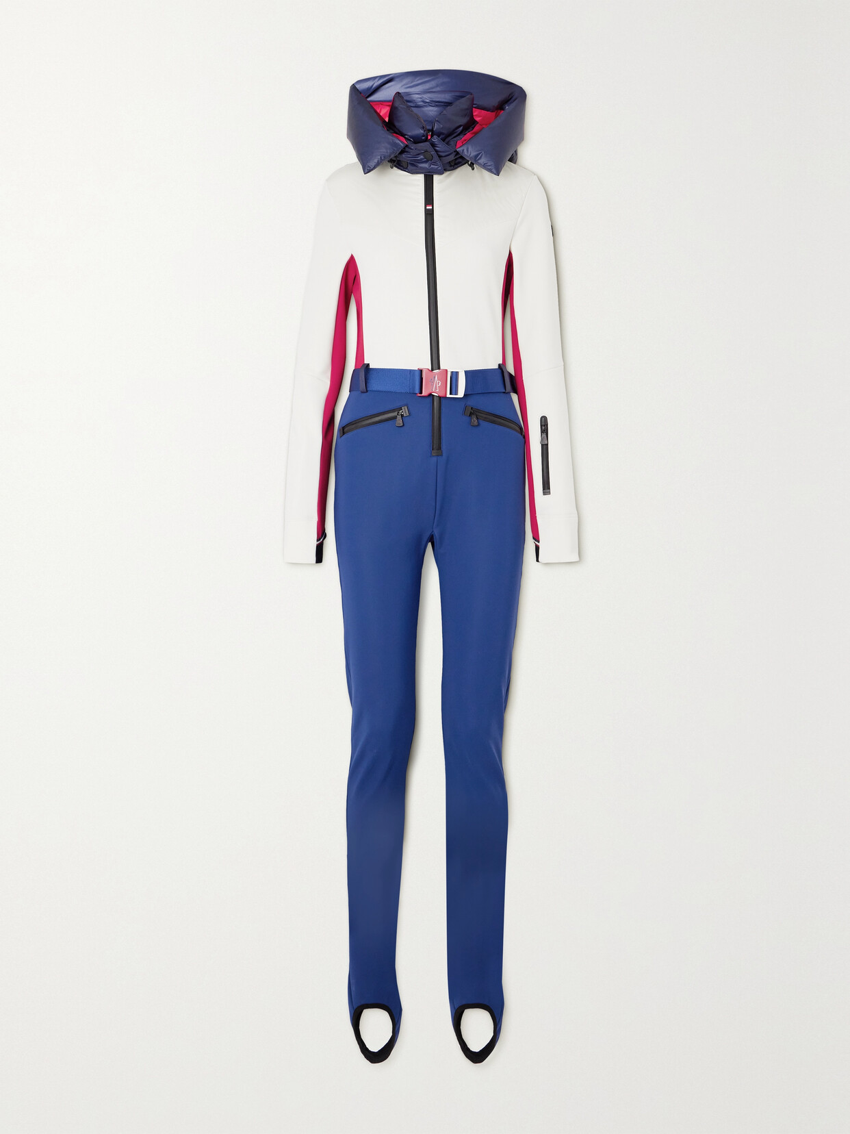 Shop Moncler Hooded Belted Color-block Down Ski Suit In White