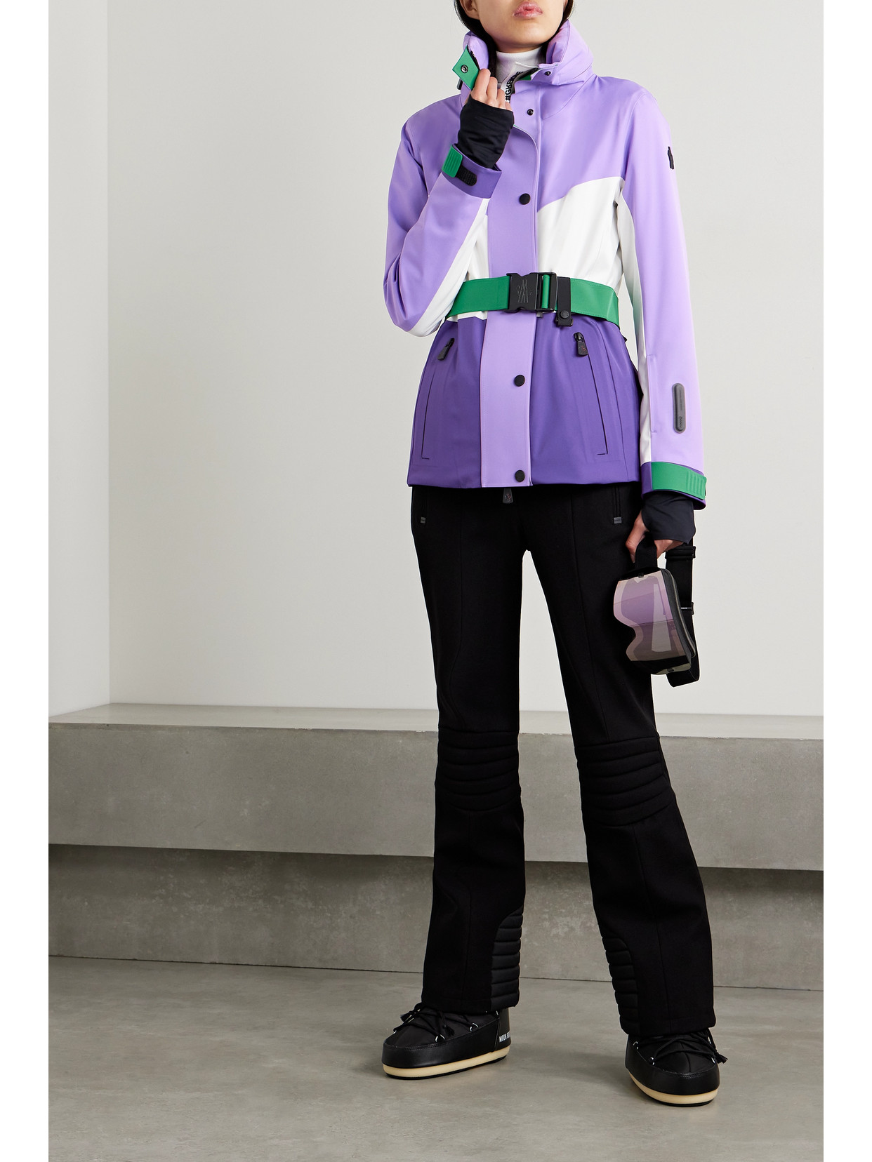 Shop Moncler Hainet Hooded Belted Color-block Ski Jacket In Purple