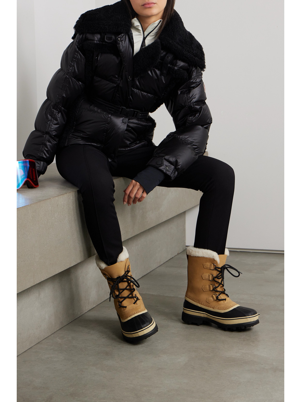 Shop Moncler Biollay Belted Shearling-trimmed Quilted Padded Down Ski Jacket In Black