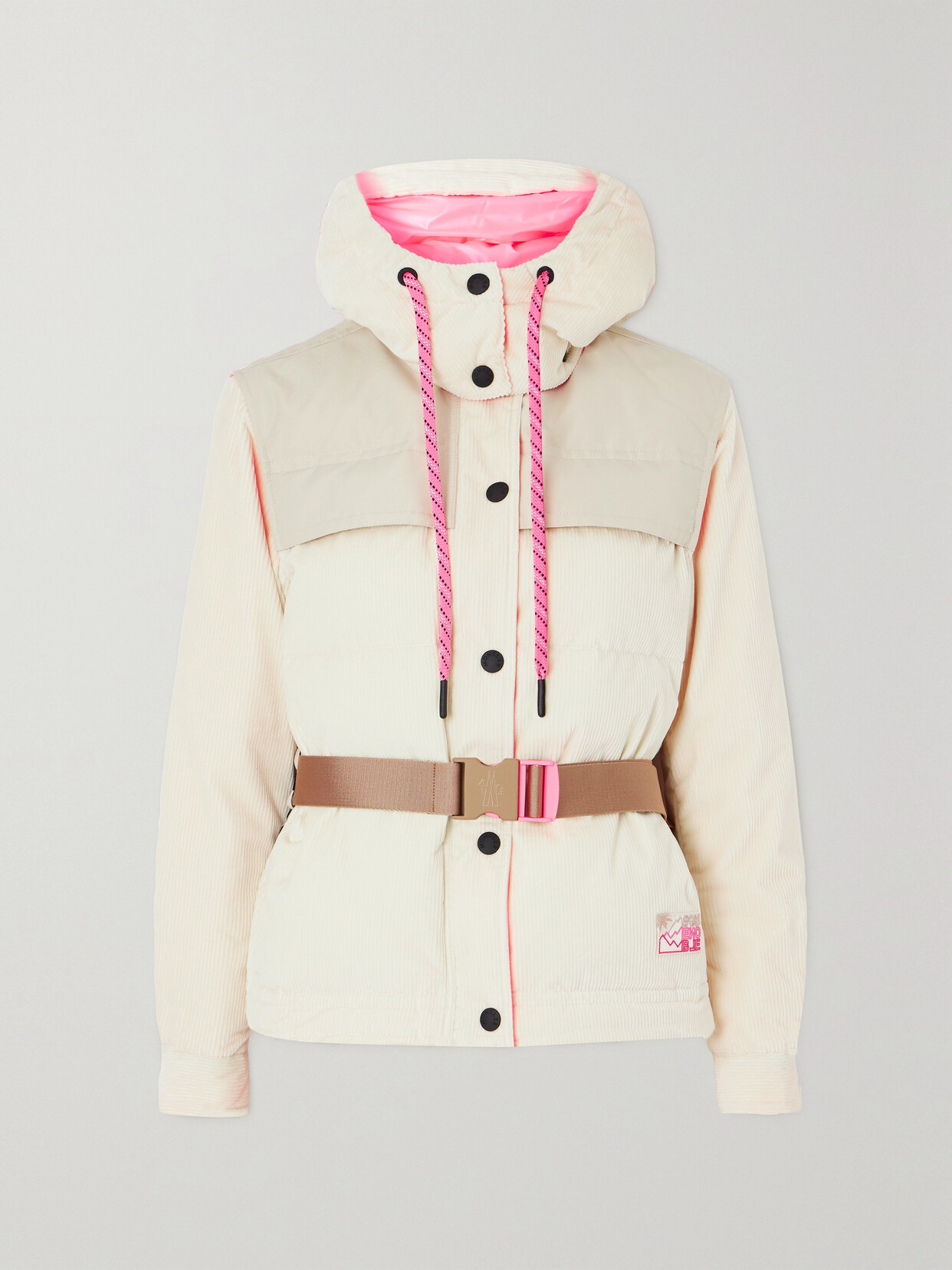 Shop Moncler Tetras Belted Canvas-trimmed Quilted Stretch-cotton Corduroy Down Ski Jacket In Off-white