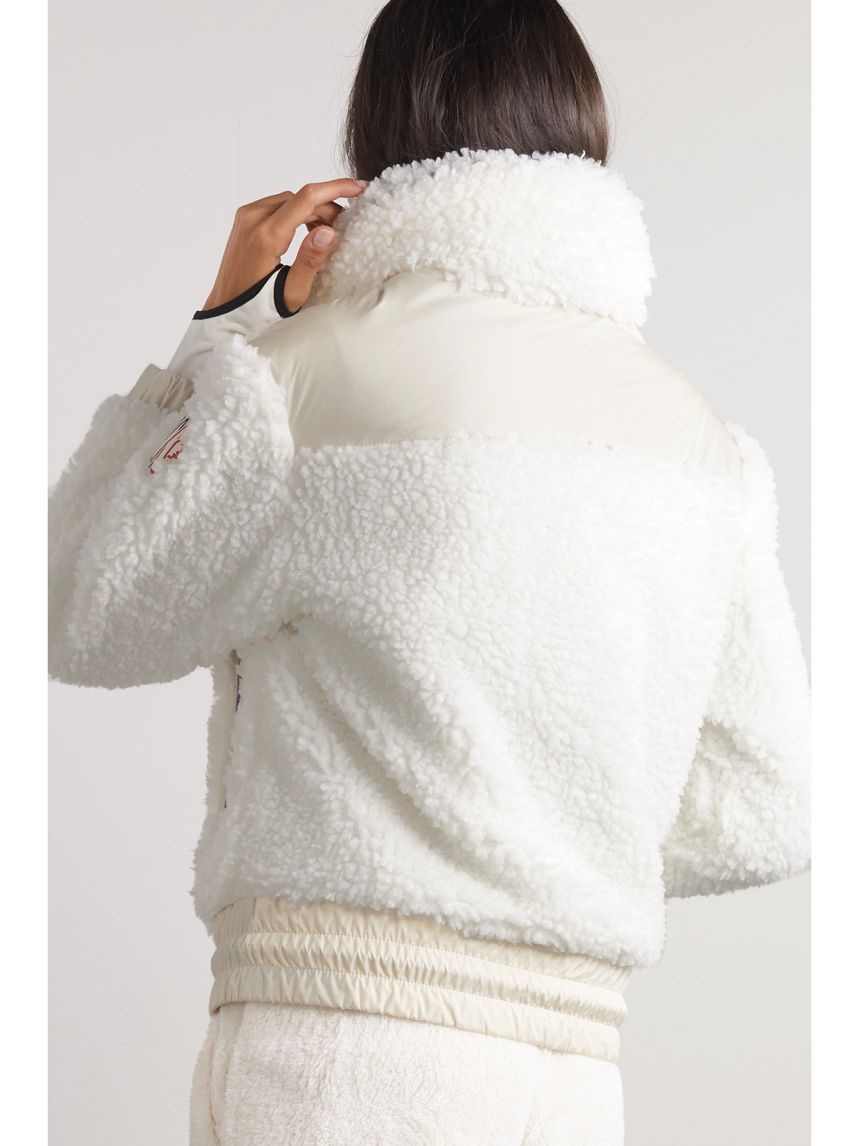 Shop Moncler Appliquéd Shell-paneled Faux Shearling Down Ski Jacket In White