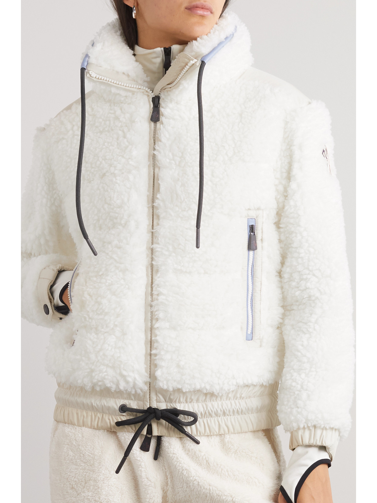 Shop Moncler Appliquéd Shell-paneled Faux Shearling Down Ski Jacket In White