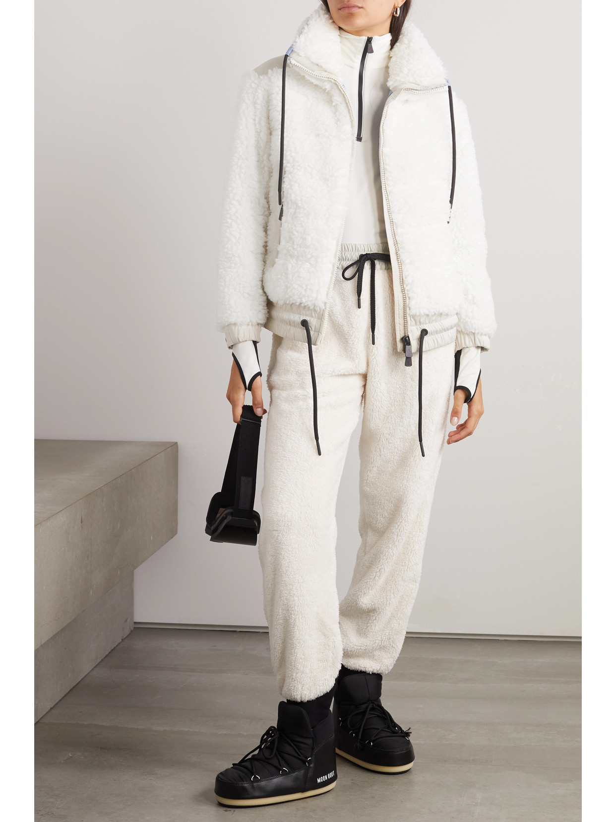 Shop Moncler Appliquéd Shell-paneled Faux Shearling Down Ski Jacket In White