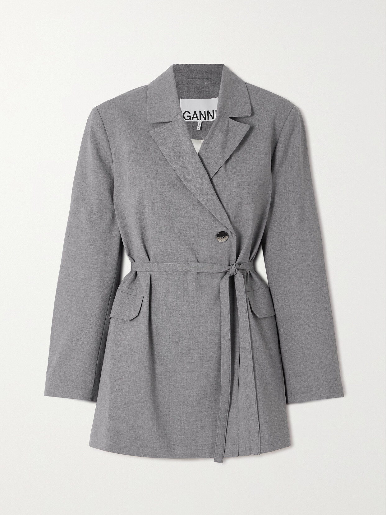 GANNI - Belted Woven Blazer - Gray