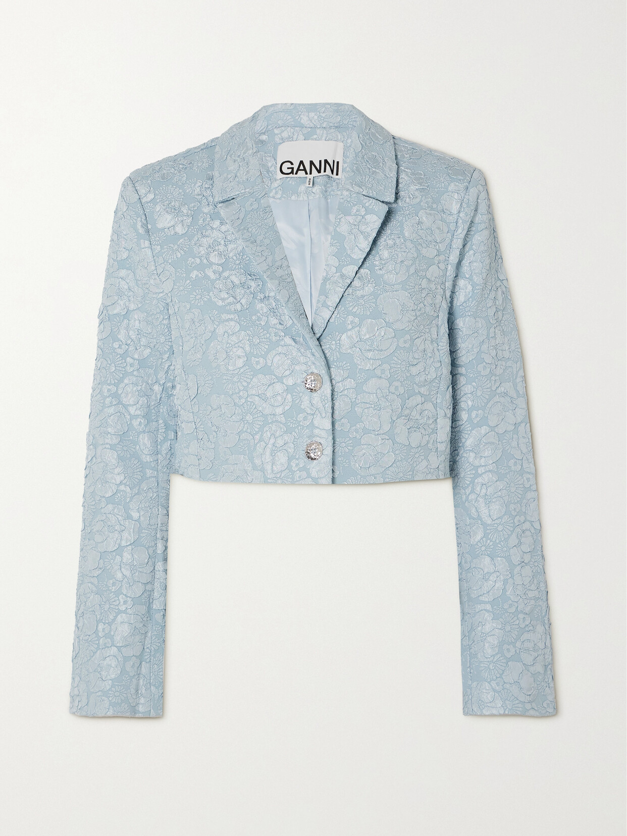 Ganni Long Sleeve Stretch Jacquard Cropped Blazer In Blue