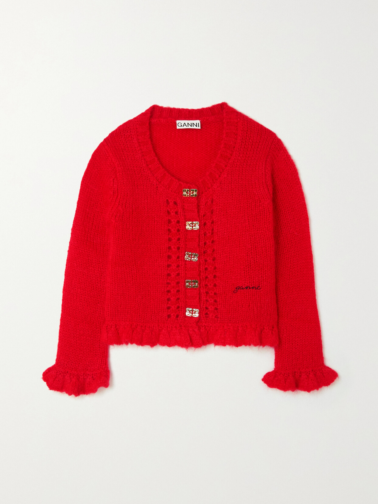 GANNI - Ruffled Embellished Mohair-blend Cardigan - Red