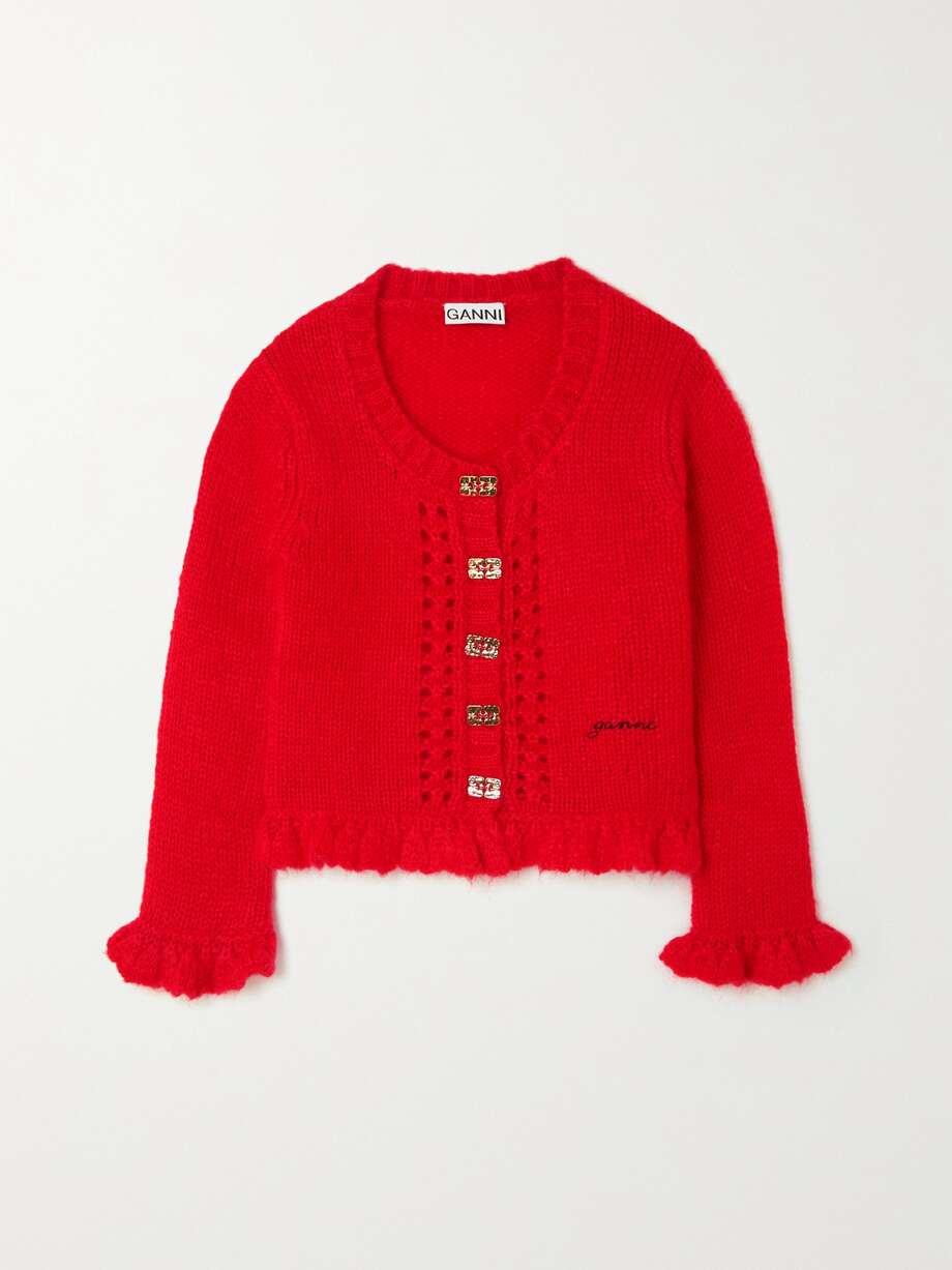 GANNI's red cardigan has feminine ruffles at the cuffs and hem. Knitted from soft, fuzzy mohair-blend, it comes in 'Racing Red' that looks great with blue denim and has gold-tone butterfly logo buttons.