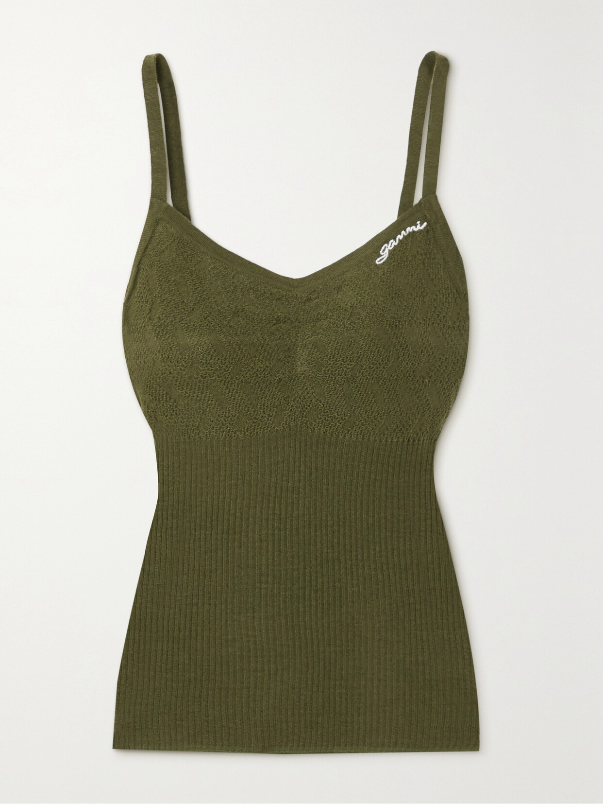 GANNI - Embroidered Ribbed Merino Wool Top - Green