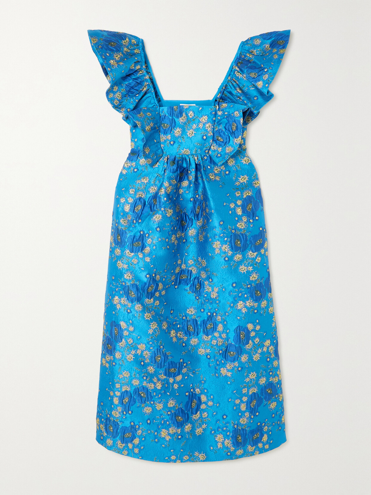 GANNI Ruffled Metallic Recycled-cloqué Maxi Dress - Blue