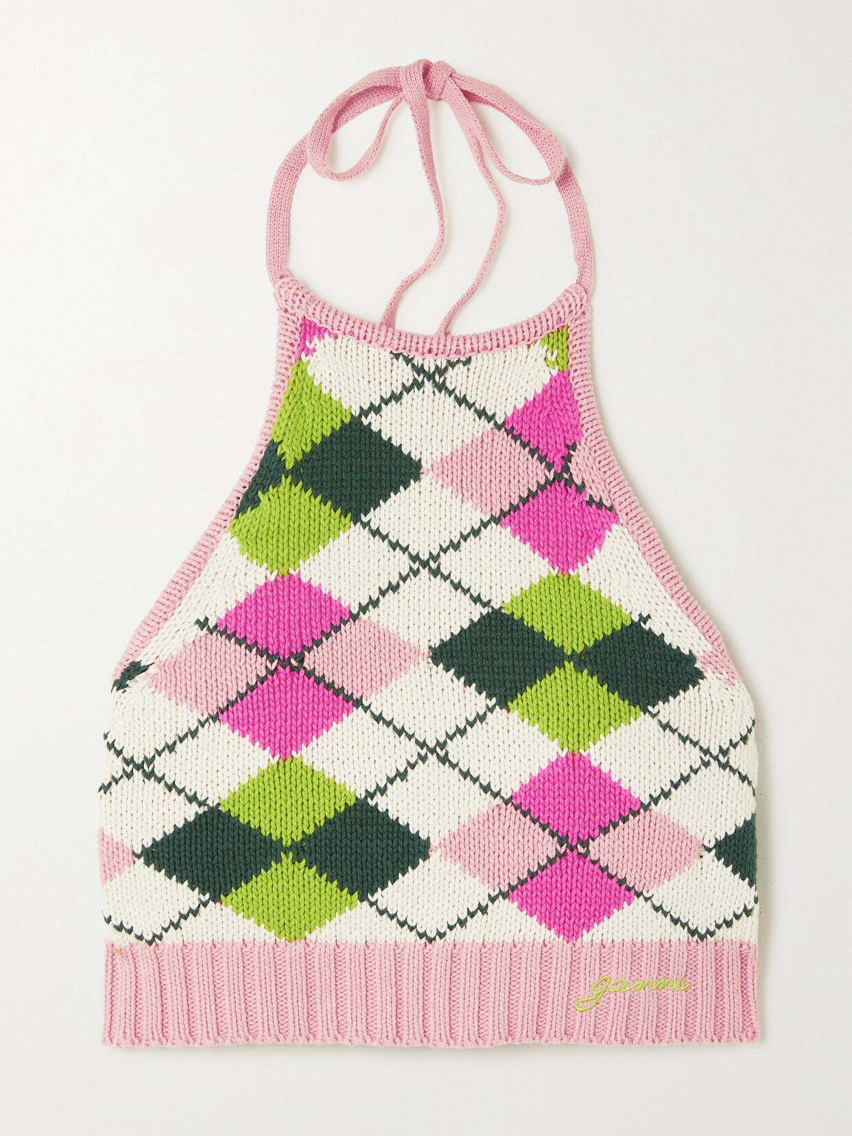 Ganni Halterneck Top Woman Multicolor In Cotton In Multi-colour