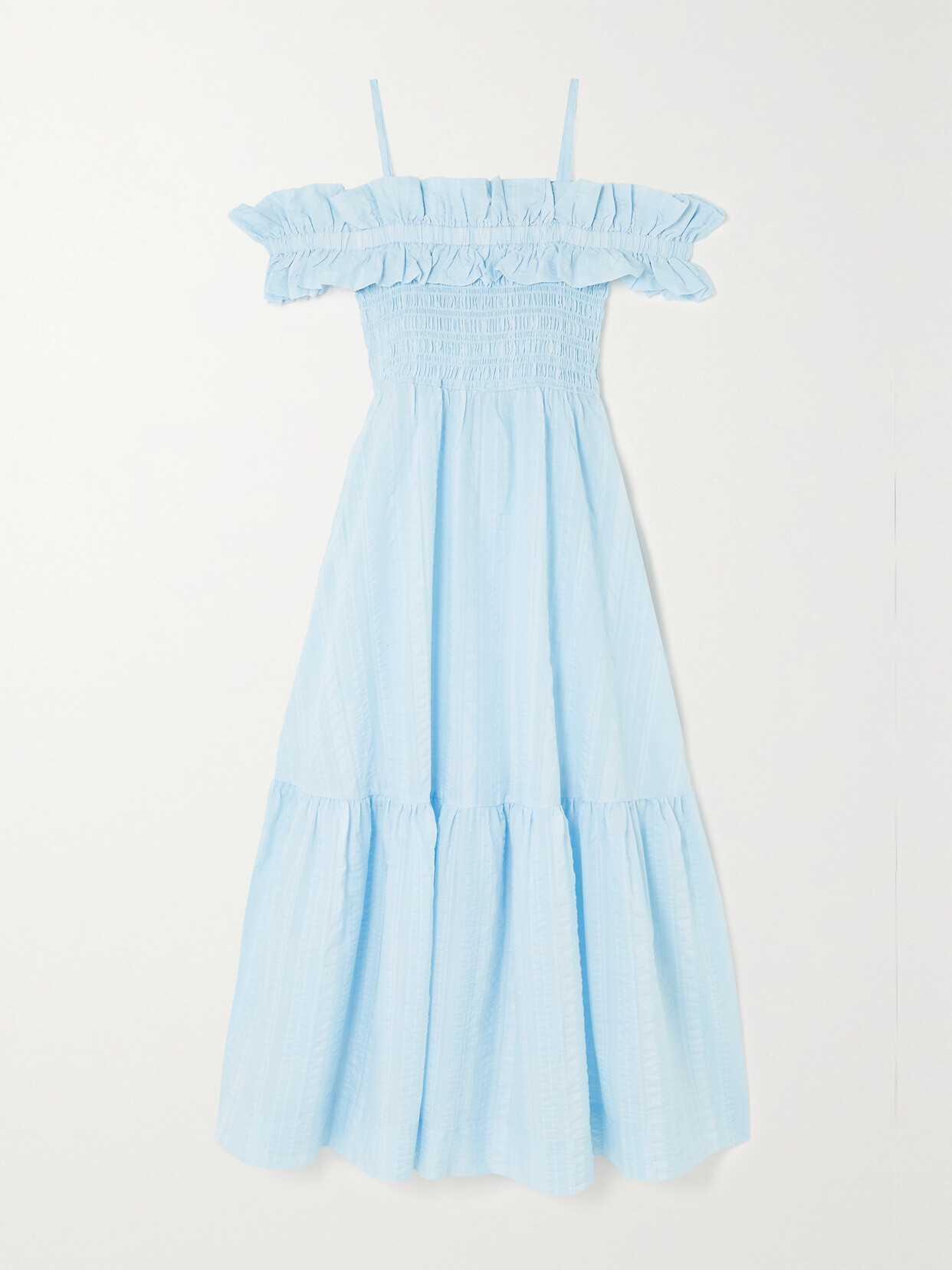 GANNI - Ruffle-trimmed Smocked Seersucker Maxi Dress - Blue