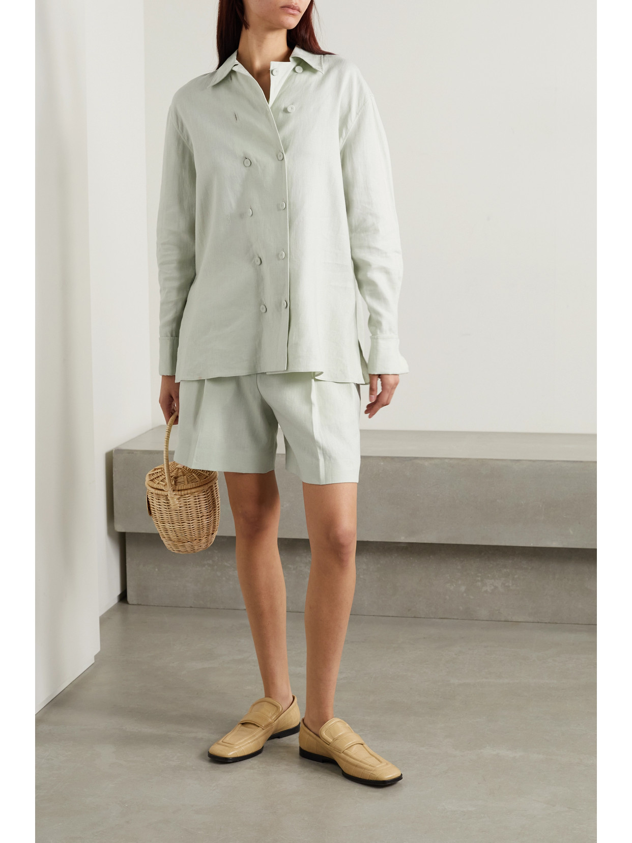 Another Tomorrow Double-breasted Linen Shirt In Green