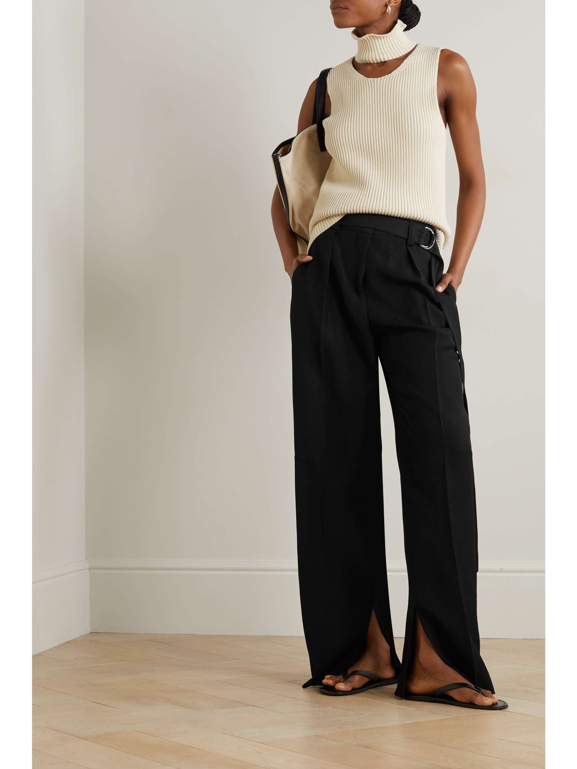 JIL SANDER Belted pleated woven straight-leg pants | NET-A-PORTER