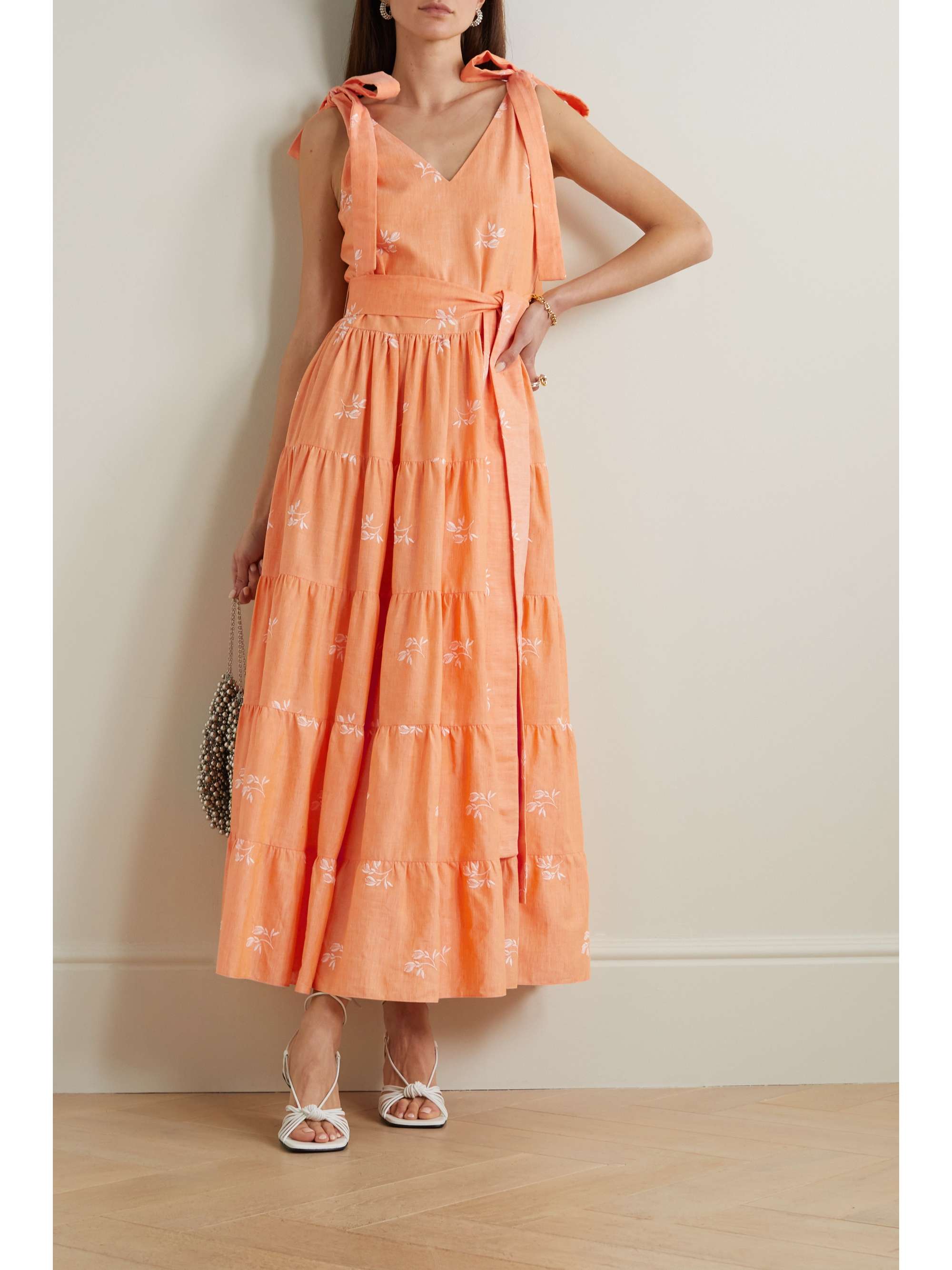 ERDEM Yesenia bow-detailed tiered embroidered cotton-blend gauze midi dress