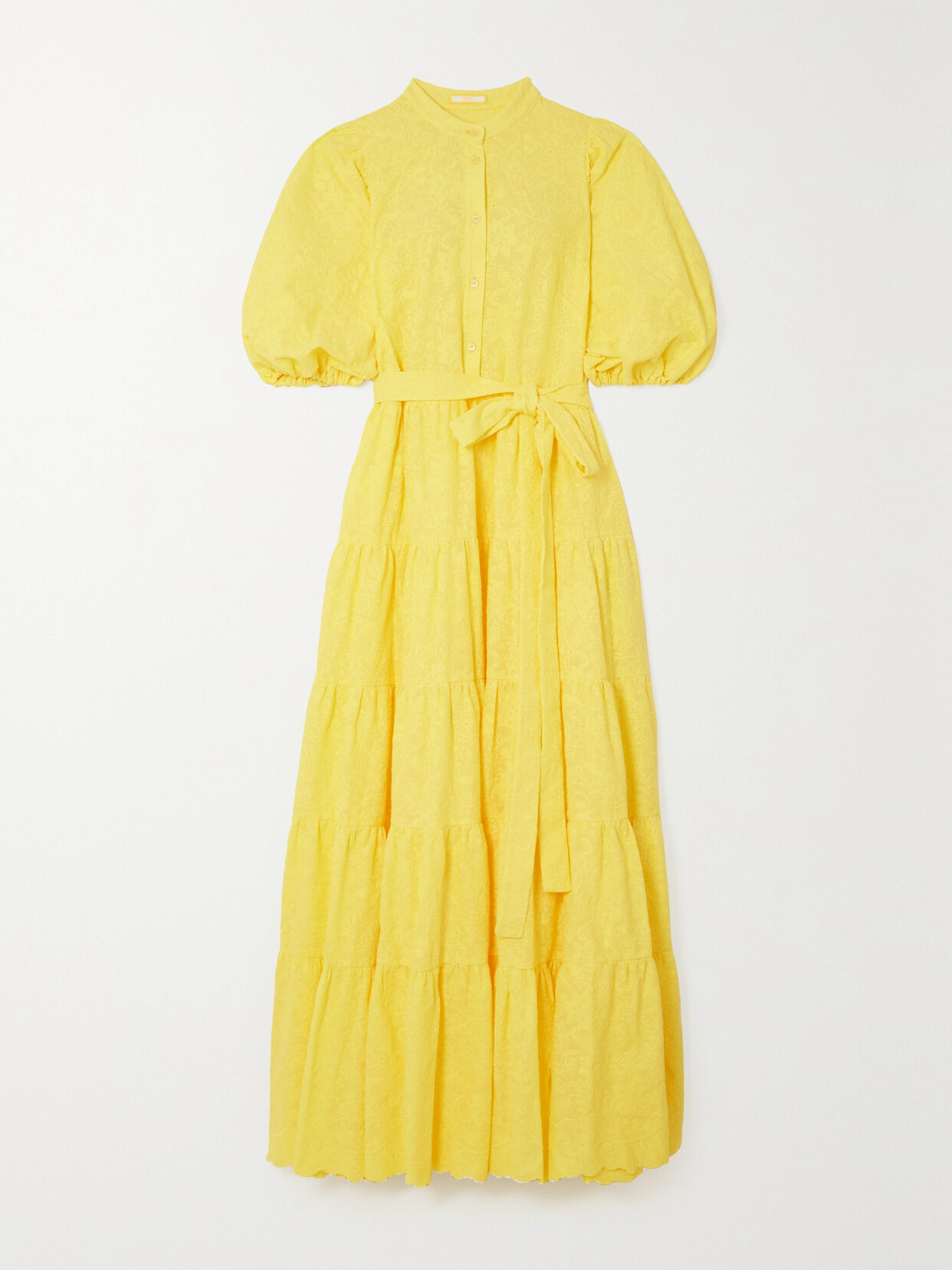 Erdem Dalia Belted Tiered Embroidered Cotton-poplin Maxi Dress In Yellow