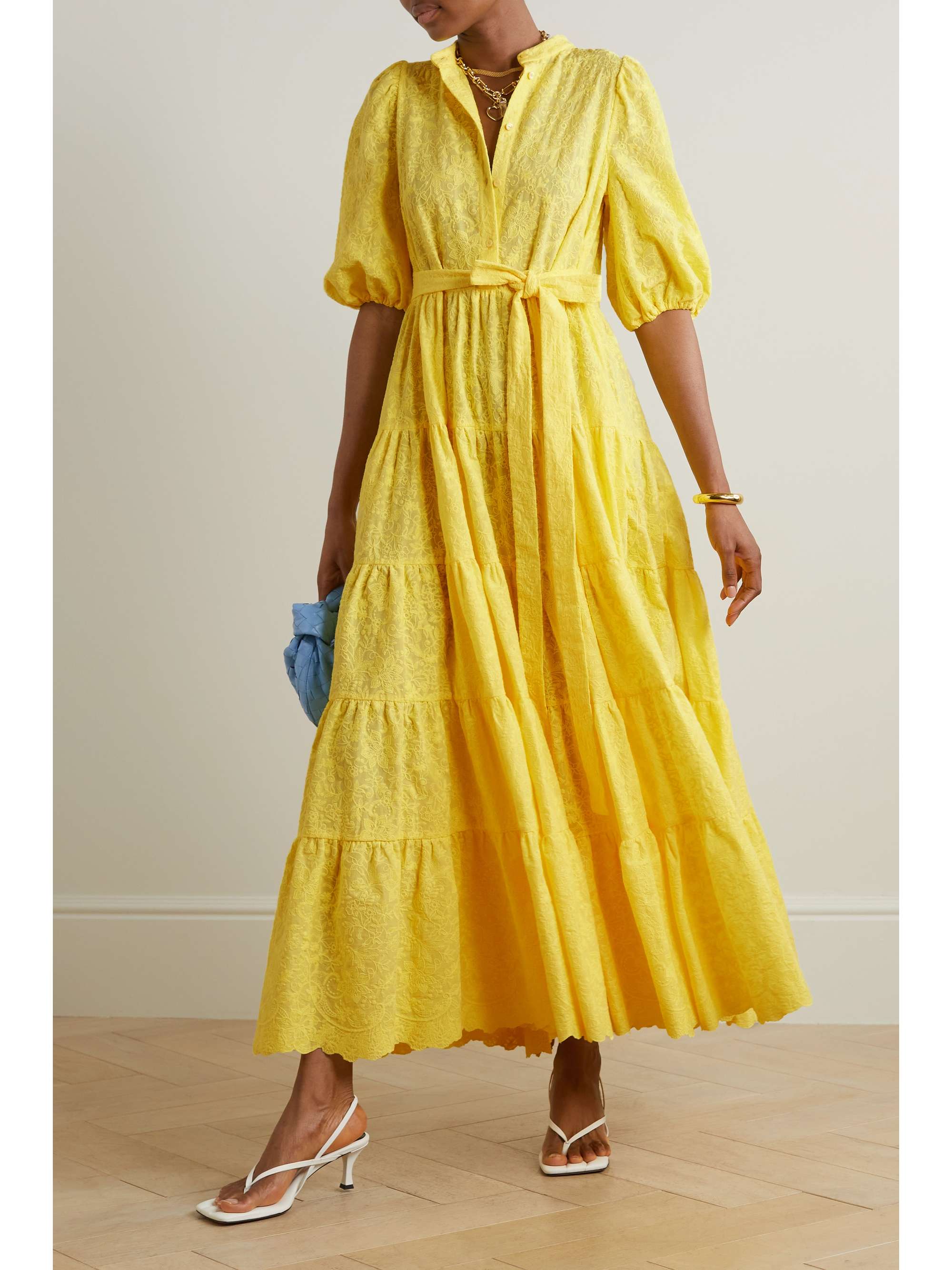 ERDEM Dalia belted tiered embroidered cotton-poplin maxi dress