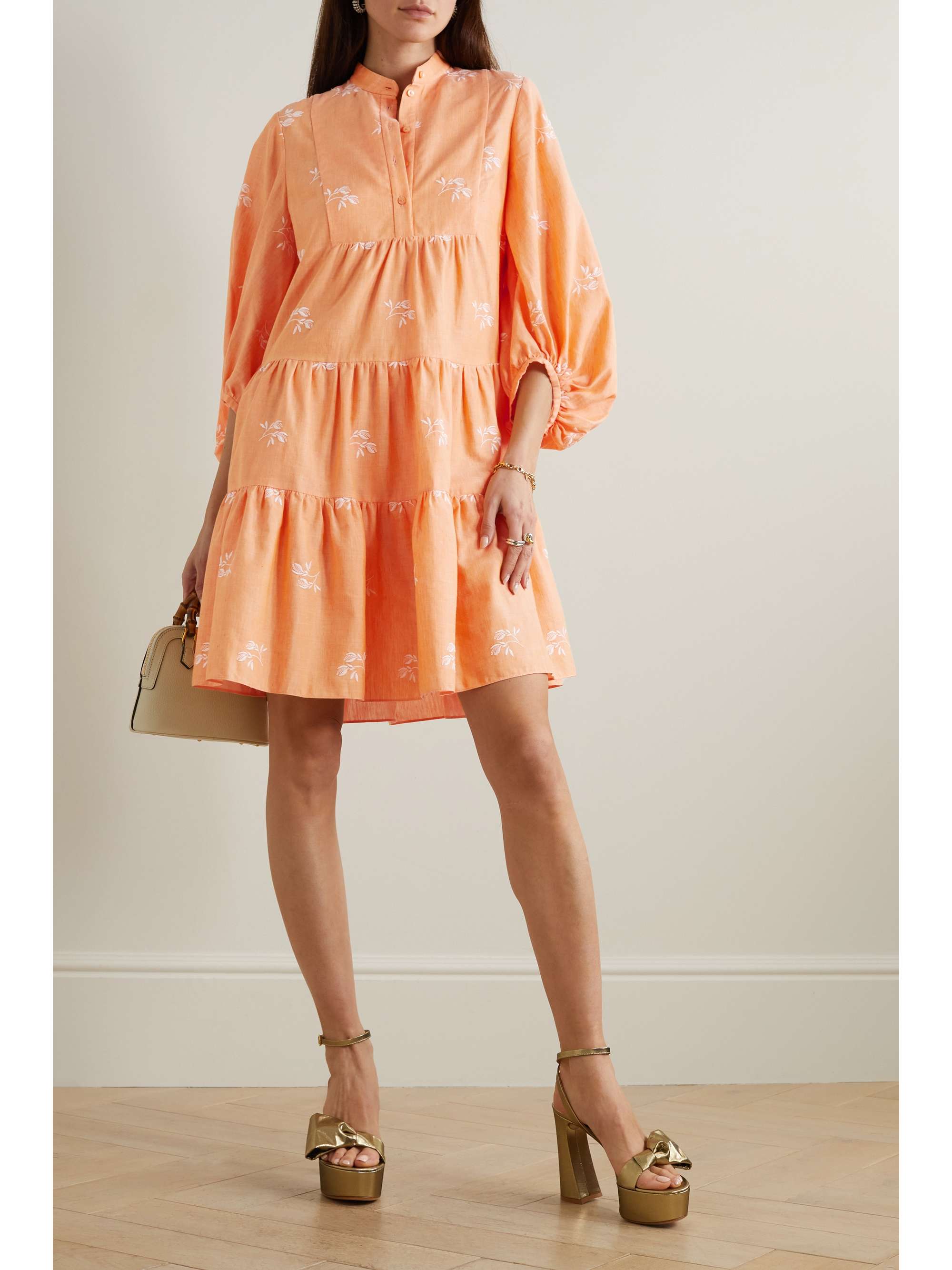 ERDEM Winona tiered embroidered cotton-blend gauze mini shirt dress