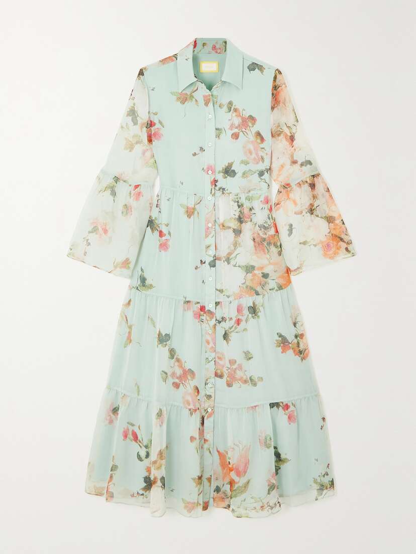 Erdem Isbel Tiered Floral-print Silk-chiffon Midi Shirt Dress - UK 18