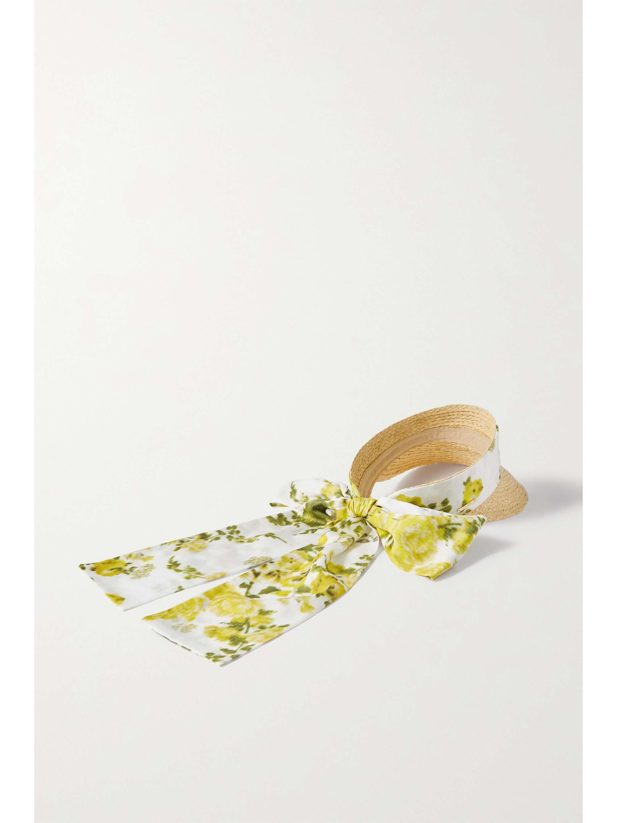 ERDEM Floral-print linen-trimmed raffia visor