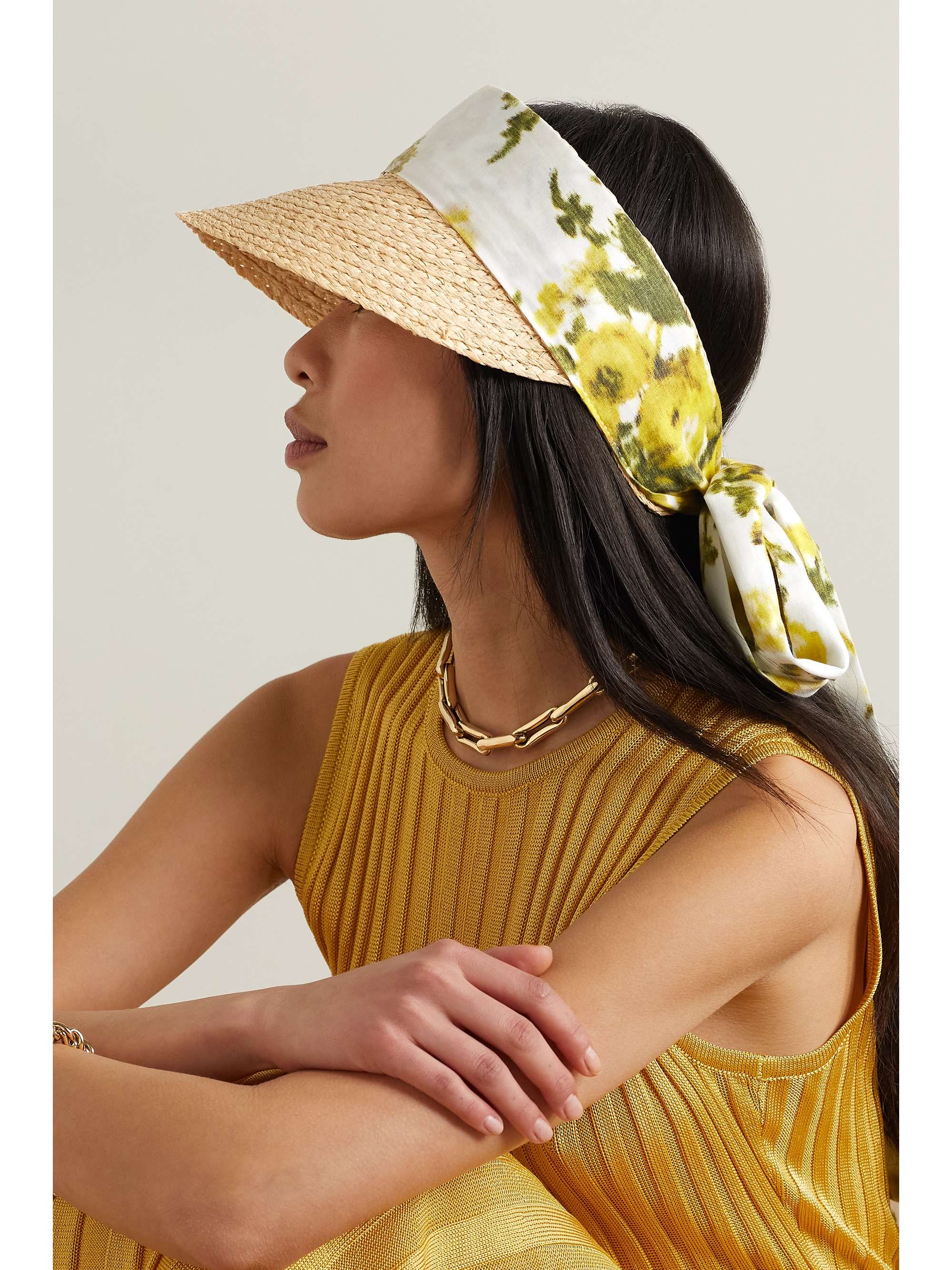 Floral-print linen-trimmed raffia visor