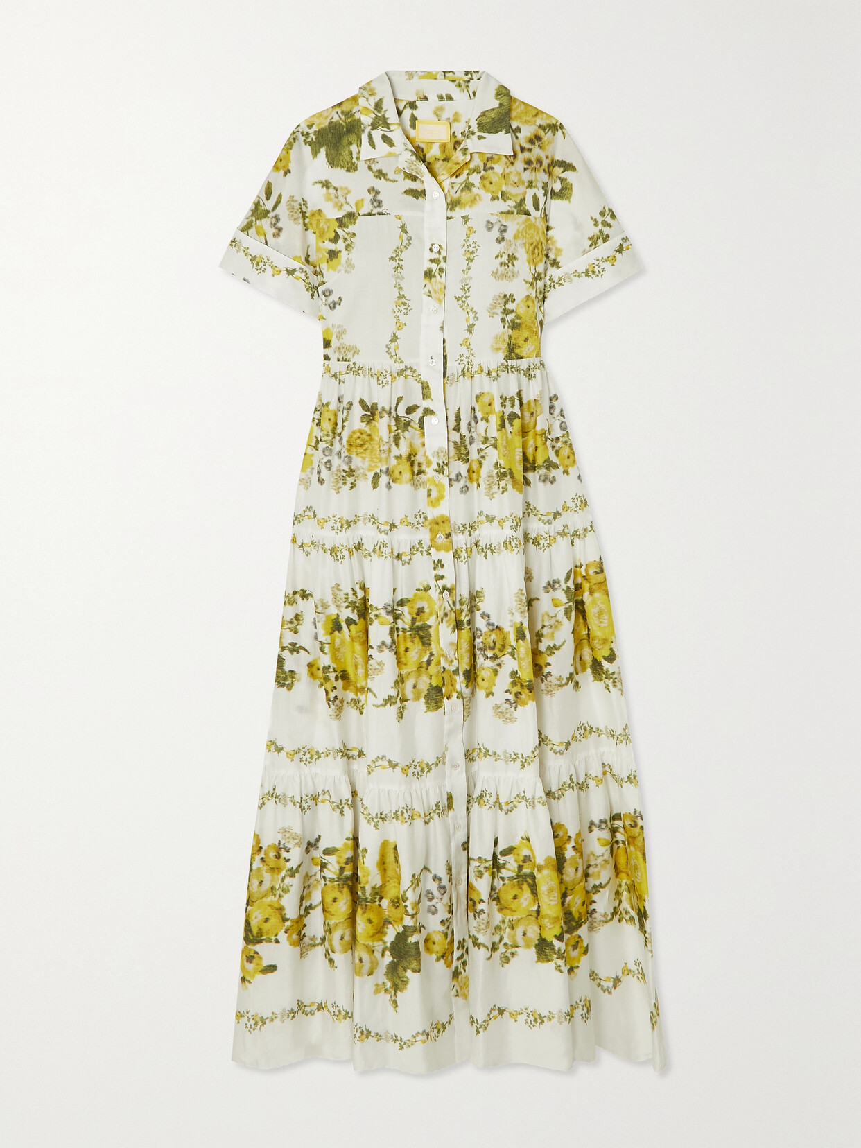 Erdem Helena Tiered Floral-print Cotton Maxi Shirt Dress In Yellow