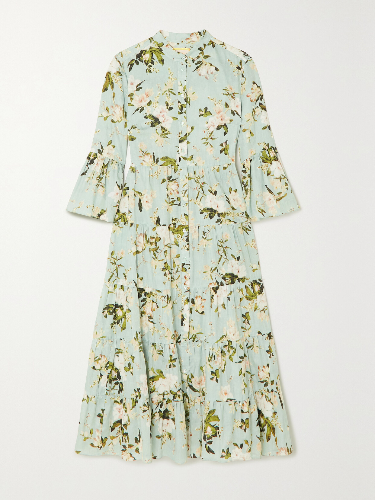 Erdem Panthea Tiered Floral-print Cotton Midi Shirt Dress In Magnolia Garden M