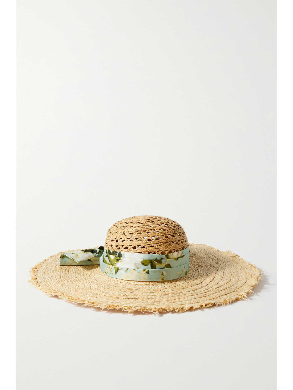 ERDEM FLORAL-PRINT COTTON-TRIMMED RAFFIA SUNHAT