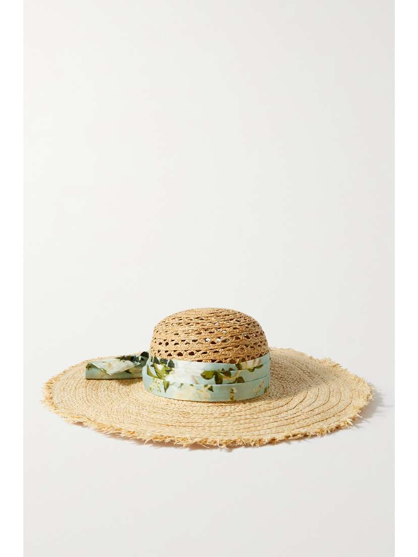 Erdem Floral-print Cotton-trimmed Raffia Sunhat