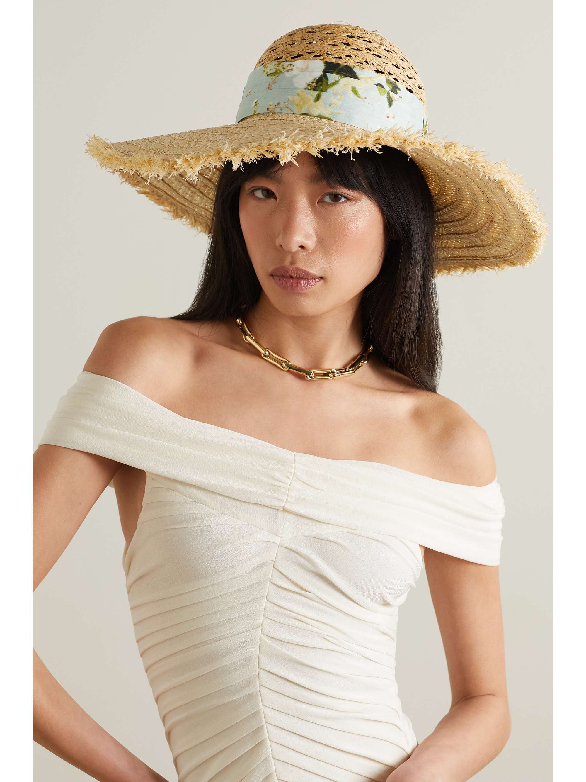 ERDEM Floral-print cotton-trimmed raffia sunhat