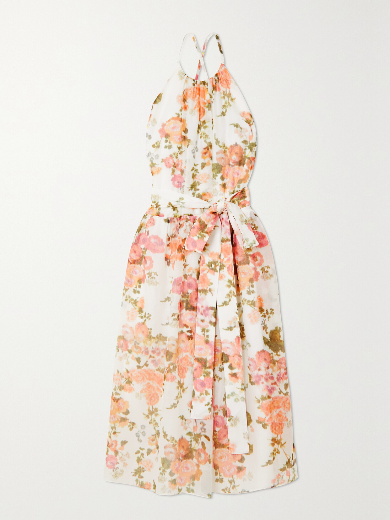 Erdem Zinnia Tie-belt Floral-print Silk And Cotton-blend Voile Midi Dress In Orange