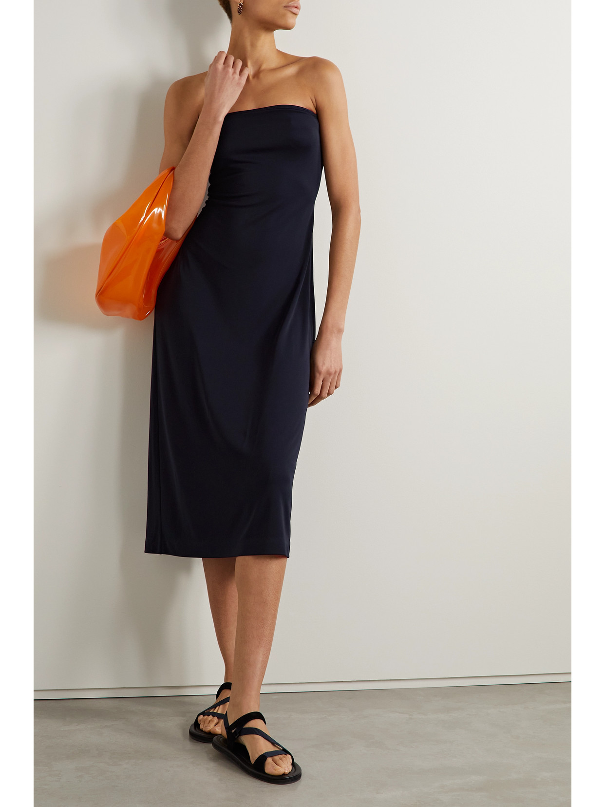 Shop Tibi Harlow Strapless Glossed-jersey Midi Dress In Blue